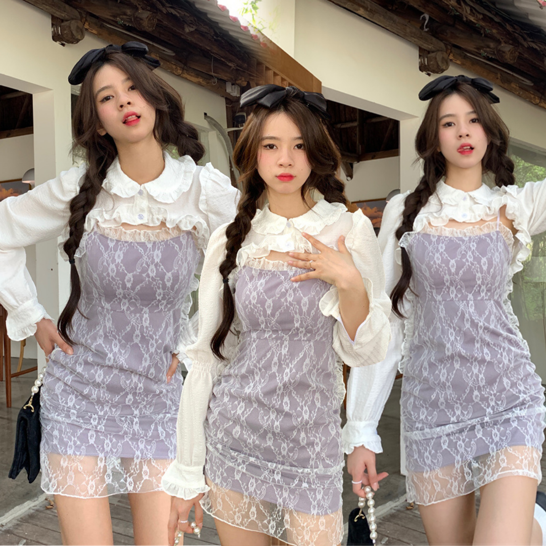 พร้อมส่ง 🪔⛵️ Diasy dress เดรสสั้นสายเดี่ยวสีออกม่วงๆอ่อน เสื้อคลุมสีขาว (แยกชิ้น) (37974)