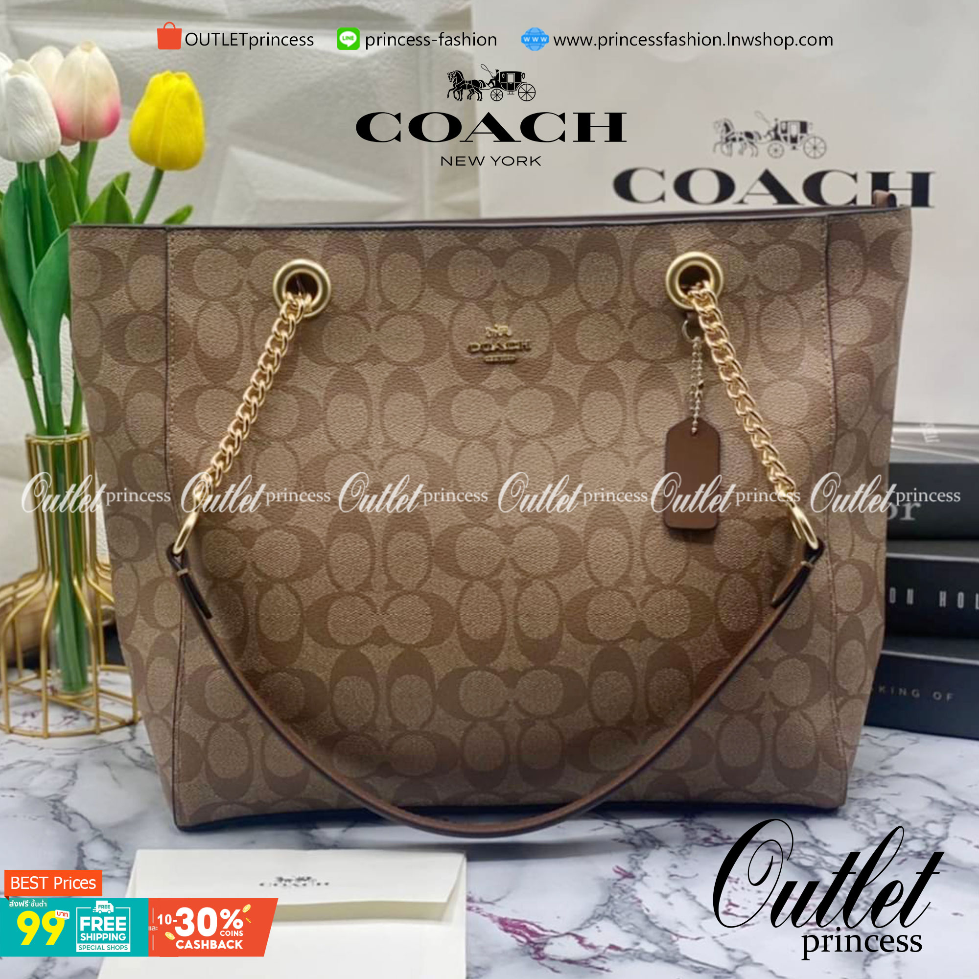 COACH Tote in Signature Canvas Bag กระเป๋าสะพายทรงช้อปปิ้ง สายกระเป๋าเป็นหนังสลับโซ่ทองสวยงาม เพิ่มความหรูหรา ภายในโล่งกว้างใส่ของได้เยอะมาก วัสดุ Canvas เคลือบลายซิกเนเจอร์และหนัง พร้อมซิปกลางเก็บของได้มิดชิดเลยค่ะ มี 3 สี น้ำตาล ดำ ขาว
