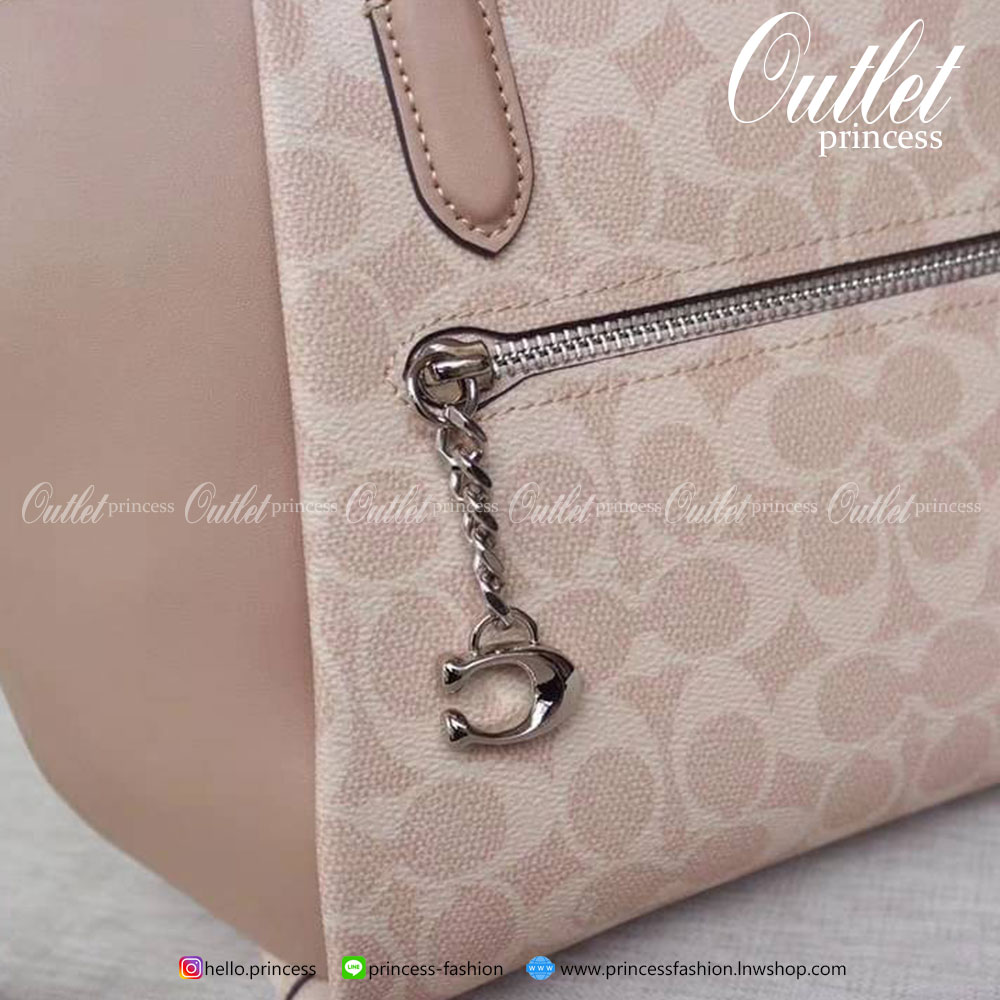 Coach Elise Satchel In Signature Canvas Product Details Signature coated canvas and refined calf leather Inside zip and snap pockets Zip-top closure, fabric lining Handles with 4 1/2" drop Outside zip pocket