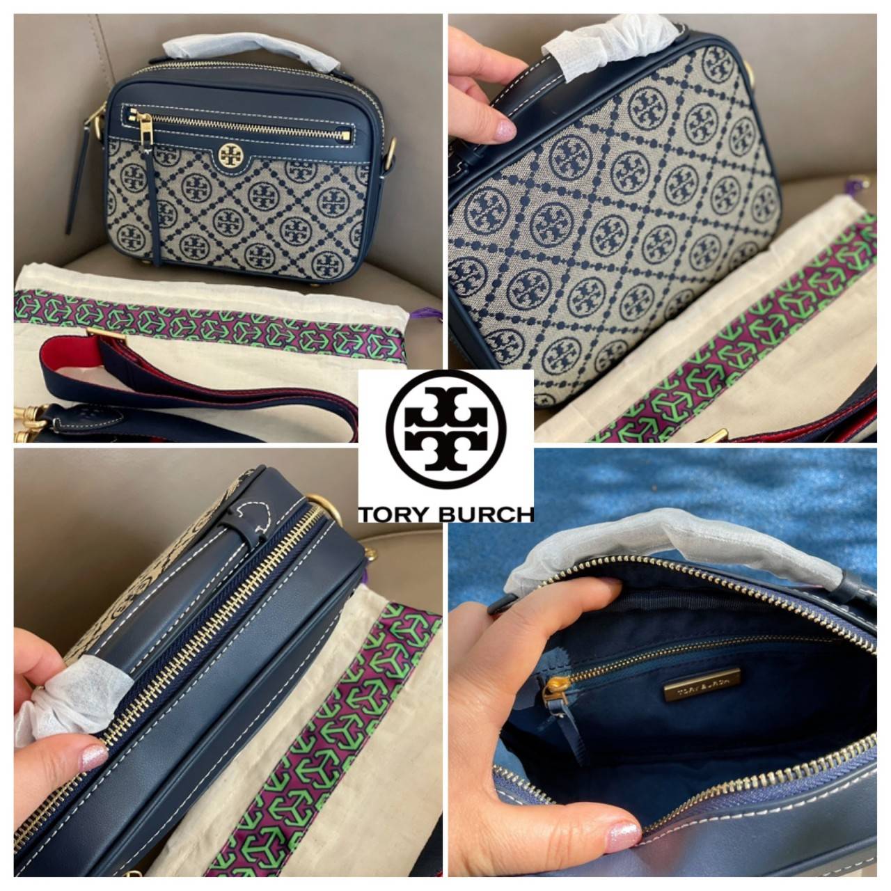 TORY BURCH T MONOGRAM JACQUARD CAMERA BAG การออกแบบที่เรียบง่าย แต่ยังคงความหรูหราเอาไว้ โดดเด่นด้วยลวดลาย T Monogram