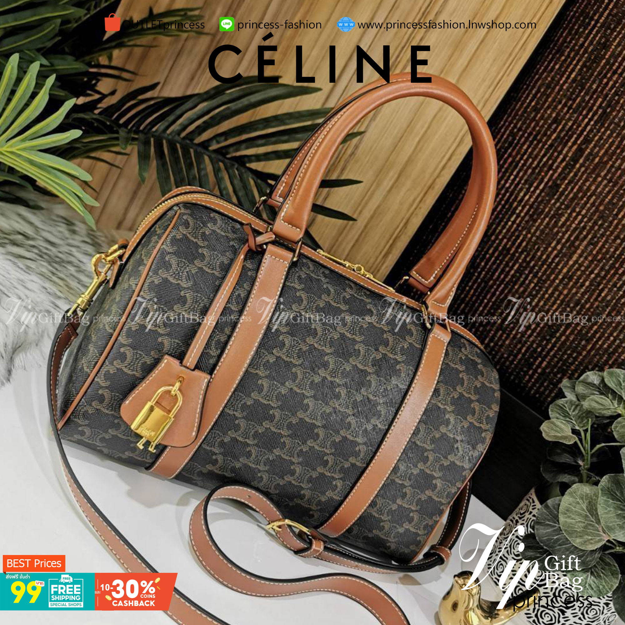 CELINE TRIOMPHE CANVAS BOSTON BAG VIP GIFT WITH PURCHASE (GWP) พรีเมี่ยมกิ๊ฟ Limited Edition จาก CELINE HAUTE PERFUME DUTYFREE วัสดุ TRIOMPHE CANVAS หนังขึ้นลาย Signature สวยหรูสุดคลาสสิคดีไซน์ไม่มีเอ้าท์ เปิดปิดด้วยซิปแบรนด์ มาพร้อมTagห้อยแม่กุญแจอะไหล่แ