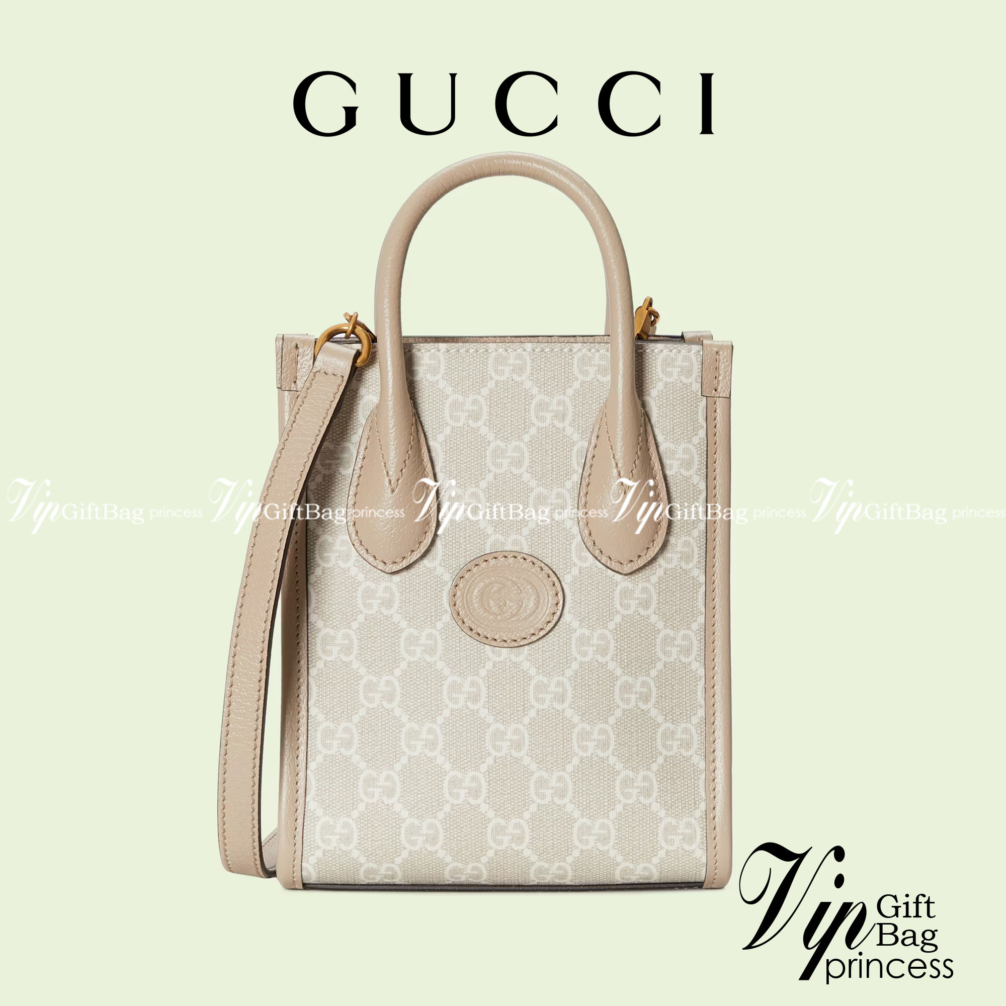 หนังแท้ GUCCI Mini tote bag with Interlocking G พร้อมส่งที่ไทย Beige and white GG Supreme canvas เกรดออริจินอล ภาพสินค้าถ่ายจากงานขายจริง ใช้งานต่างประเทศได้ The mini tote bag is complete with an oatmeal leather trim and an Interlocking G tag.