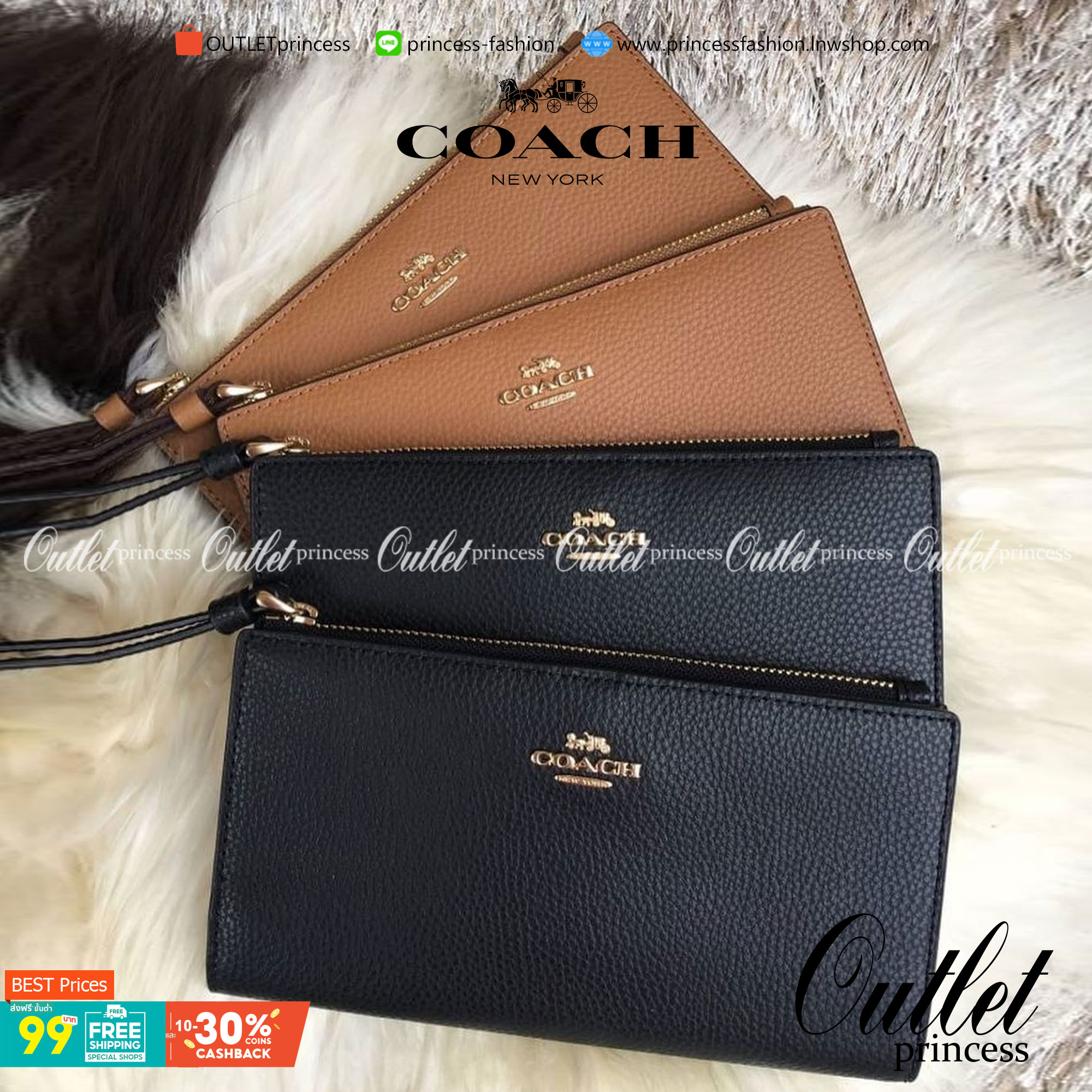 COACH 73156 Pebbled Leather Long Wallet พร้อมส่งสีดำ สีน้ำตาล