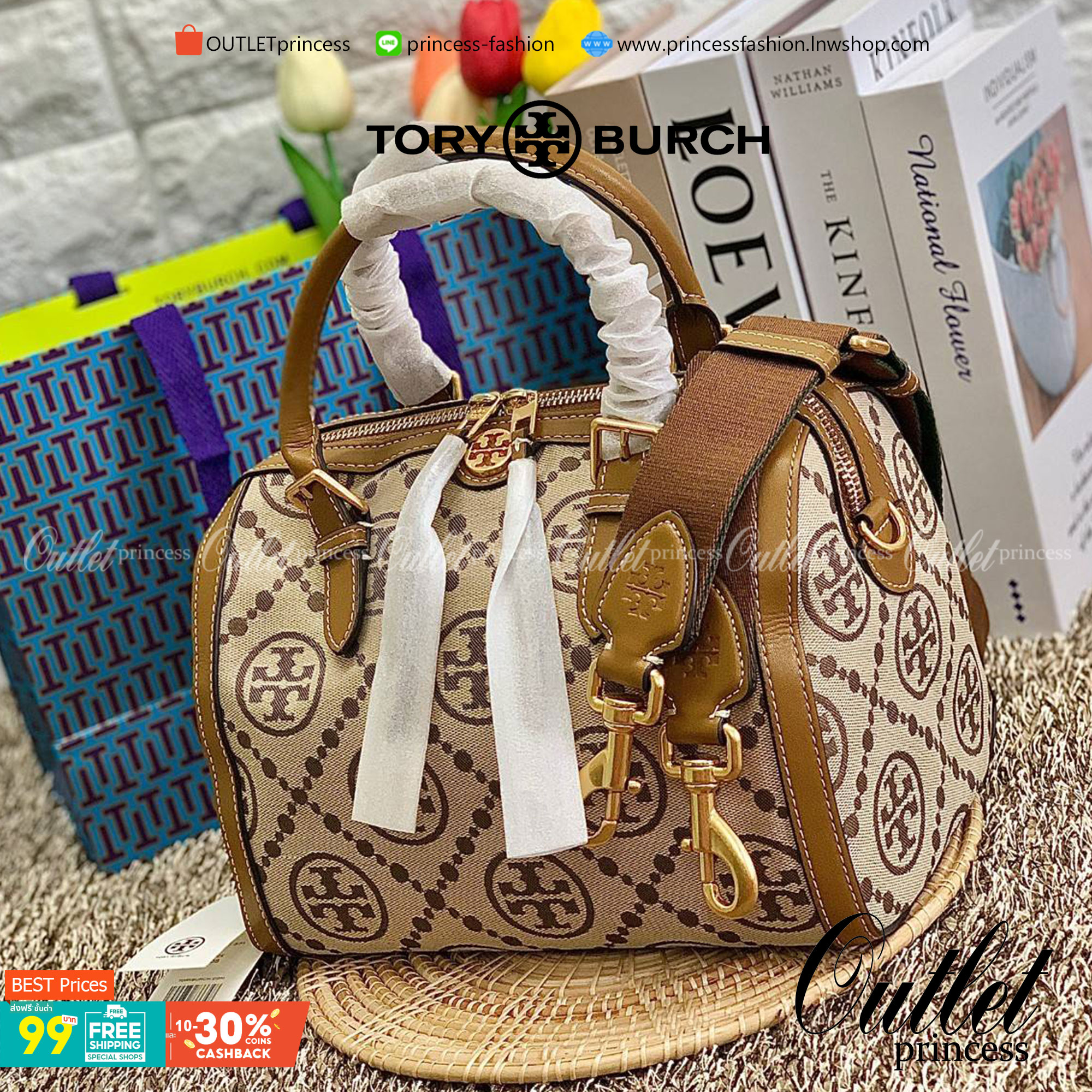 สวยก่อนใครแน่นอนค่ะนาทีนี้💋 💥รุ่นที่กำลังฮิตมากตอนนี้ของเหล่าคนดังใน ตปท.! TORY BURCH T MONOGRAM JACQUARD BARREL ((ใบใหญ่)) พร้อมส่งที่ไทยทันที! กระเป๋าทรงหมอนจาก Tory burch วัสดุ jacquardทอลายแบรด์+หนังแท้ ได้สวยงามหรู ดูคลาสสิคมากๆค่ะ เป