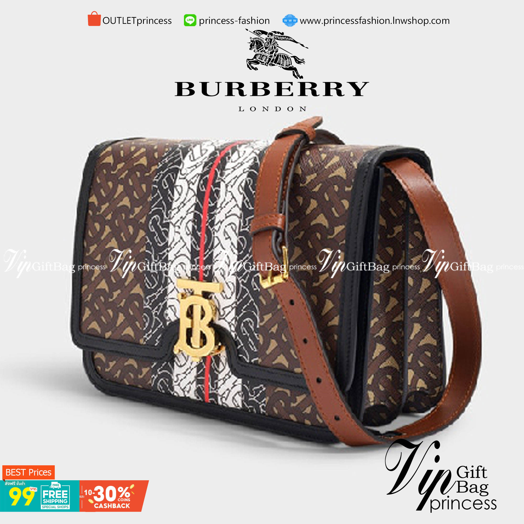 VIP หนังแท้ 】BURBERRY Brown TB-Print Canvas and Leather Crossbody Bag กระเป๋าสะพายวัสดุหนังแท้ ขึ้นลายแบรนด์โมโนเเกรมคอลเลคชั่นใหม่ทรงเหลี่ยมสวยหรูดูดี เปิดปิดด้วยฝาปิดสัญลักษณ์รูปตัวB ภายในมีช่องแบ่งเป็นสัดส่วนสามารถใส่มือถือ iphone เงิน ของจุกจิกได้ หัว