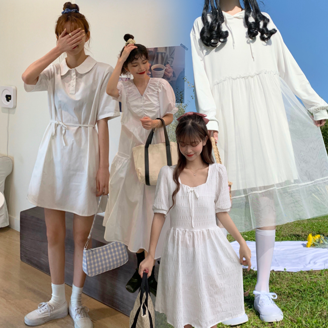 พร้อมส่ง 🥛🐮 White ribbon dress item ชุดเดรสสีขาวสไตล์เกาหลี ทรงสวยผ้าเนื้อนิ่ม (IN38358)
