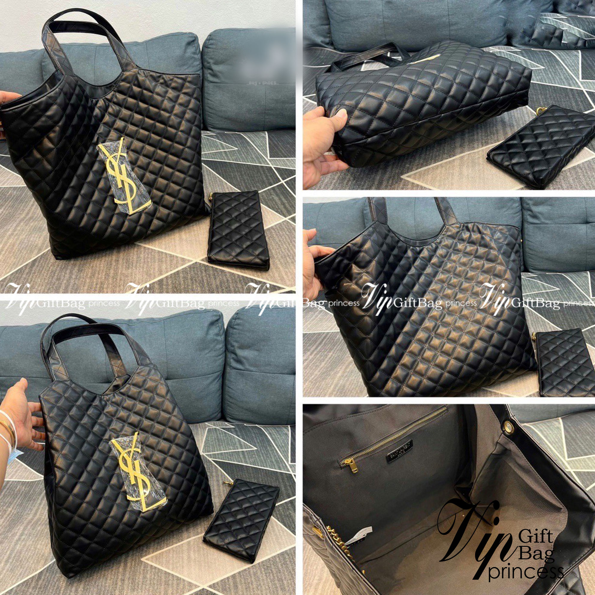 YSL icare maxi shopping bag in quilted lambskin / YSL tote bag กระเป๋าไซส์ใหญ่ พร้อมใบเล็ก หนังบุนิ่มเย็บลายตาข่าย (Quilted Bag) ดีไซน์คล้ายตะกร้าช็อปปิ้ง โฉบเฉี่ยวกว่าหลายระดับด้วยการประดับฮาร์ดแวร์ทองเหลืองในตัวอักษร YSL บนหนังสีดำสร้างความสะดุดตา มอบสไ