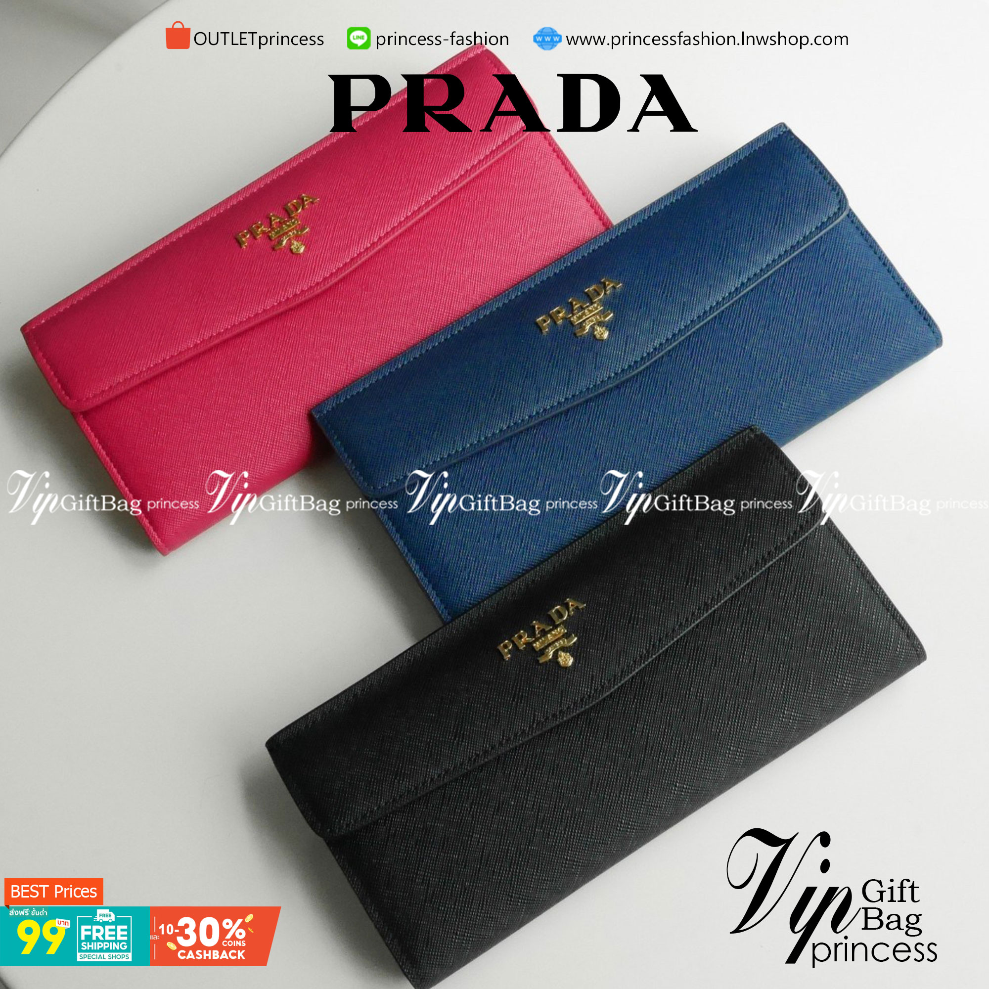 พร้อมส่งครบสีค่ะ 🖤💙💖 Best Seller PRADA LONG WALLET กระเป๋าสตางค์ยาว **รับทรัพย์ ทรงหรู จากงานพรีเมี่ยมกิ้ฟ จากเคาเตอร์ต่างประเทศ จากแบรนด์ PRADA ลายหนัง SAFFIANO มีช่องใส่บัตร ถึง 12 ช่อง และช่องซิปใส่ของจุกจิกได้ น้ำหนักเบา จับถนั