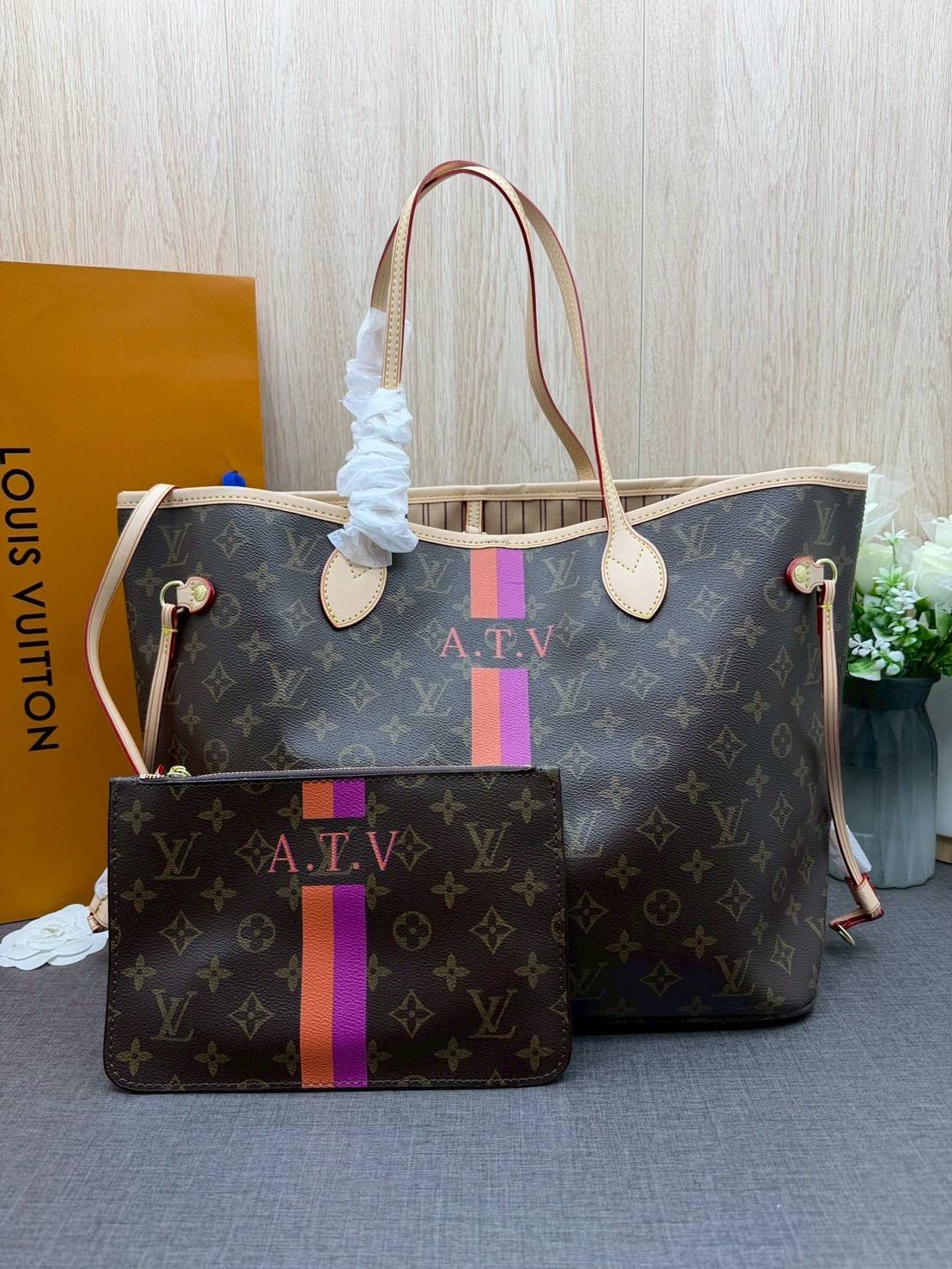 ORI หนังแท้ | LV Neverfull MM Mon Monogram / LV Tote Bag กระเป๋าสะพายทรงโท้ทใบใหญ่ คาดแถบชมพู