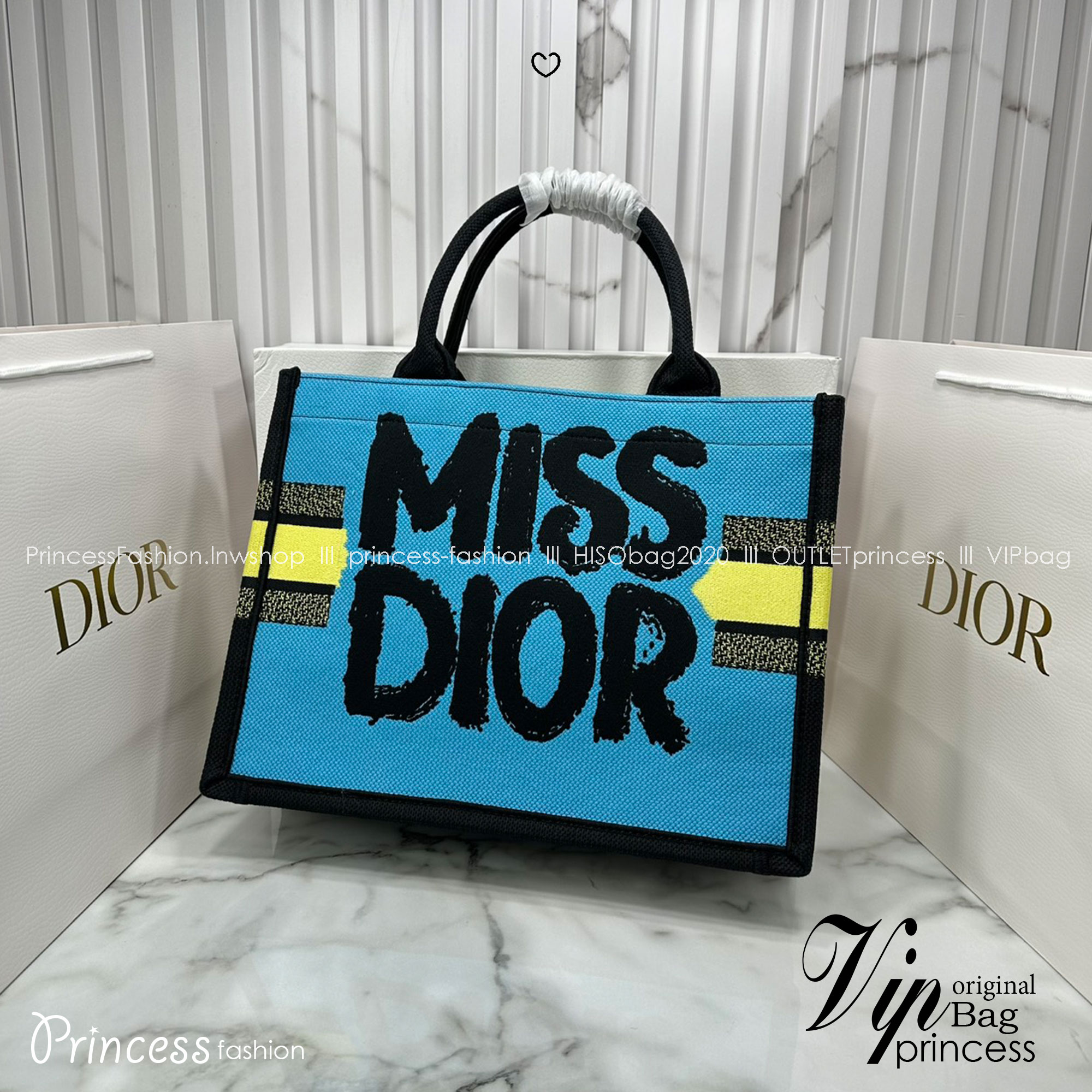 ORI หนังแท้ | ORI หนังแท้ | Dior BookTote Yellow-Blue Miss Dior Embroidery Tote Bag กระเป๋าทรงโท้ทคอลใหม่ โทนสีสดใสคลาสสิก สวยงามและหรูหรา