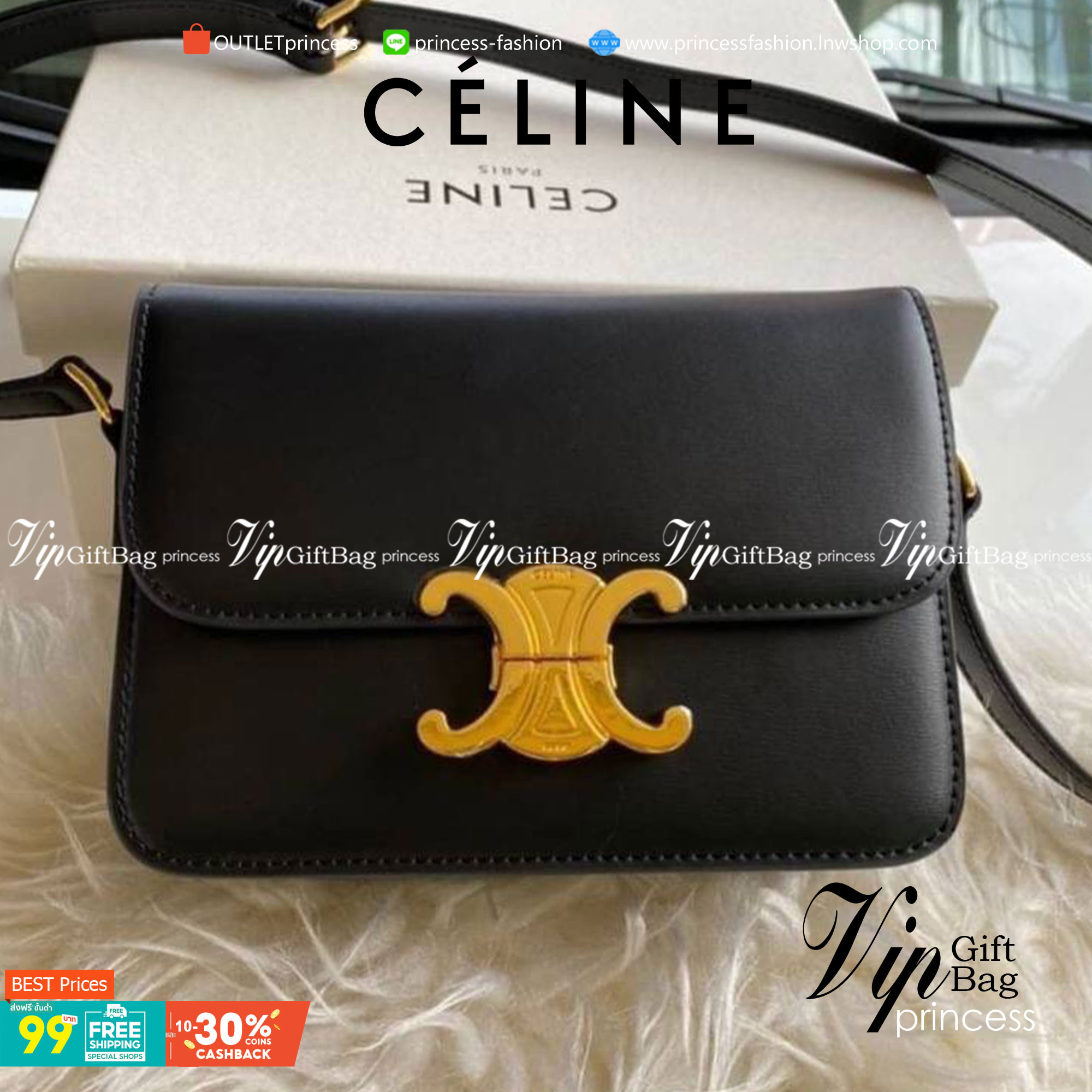 VIP GIFT 】หนังแท้ CELINE TRIOMPHE CROSSBODY ดีไซน์ยอดนิยมสไตล์สาว LISA ทรงสี่เหลี่ยมหนังสวยหรูอยู่ทรงเปิดปิดด้วยฝาปิดโลโก้แบรนด์อะไหล่ทอง ภายในมีช่องซิป ใส่มือถือของใช้จุกจิกได้เยอะพร้อมสายสะพายหนังยาวปรับระดับได้จะสะพายไหล่ CROSSBODY ก็ดูดี พร้อมส่งที่ไท