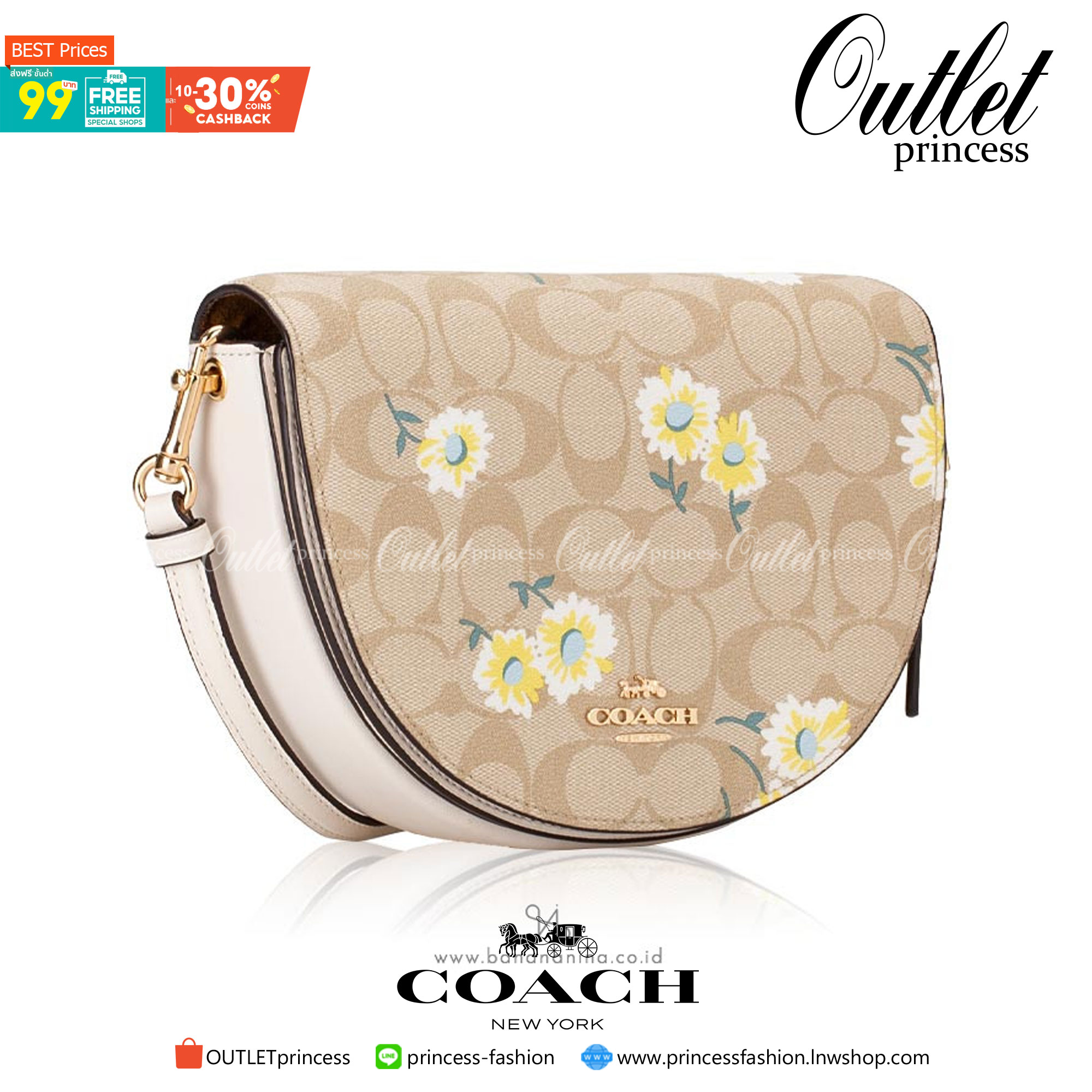 COACH C3597 ELLEN CROSSBODY IN SIGNATURE CANVAS WITH DAISY PRINT กระเป๋าสะพายดีไซน์สุดเก๋ ดูดีไม่ซ้ำใคร รอบนี้คอลใหม่ ดีไซน์พริ้นท์ลายเดซี่คละเต็มใบ วัสดุหนังแคนวาสเคลือบลายตัดขอบด้วยหนังเรียบ เปิด-ปิดด้วยกระดุมแม่เหล็ก ภายในเป็นช่องโล่ง มีช่องย่อยให้ บุก