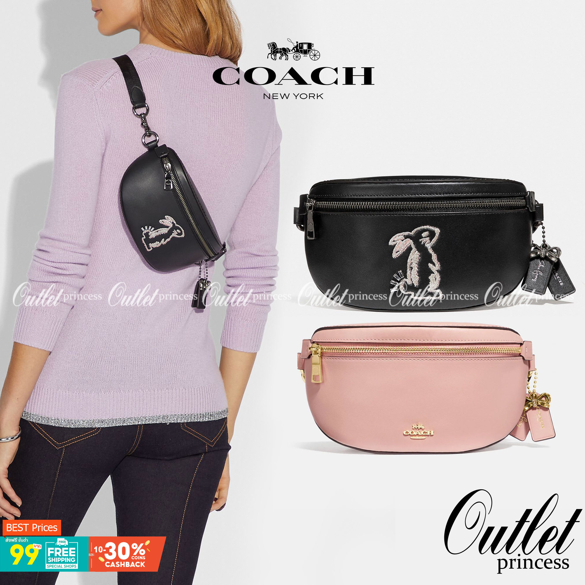 COACH SELENA BELT BAG WITH BUNNY (39315 Pink) / (39316 Black) กระเป๋าสะพาย/คาดอก/คาดเอว รุ่น Limited Edition น่ารักมาก💕 วัสดุหนังแท้ หนังนิ่มอยู่ทรง เปิด-ปิด ด้วยซิป ใส่ Iphone+ กระเป๋าสตางค์ใบสั้น ใส่ของจุกจิกได้ ด้านหลังมีอีก 1 ช่องซิป สายปรับระ