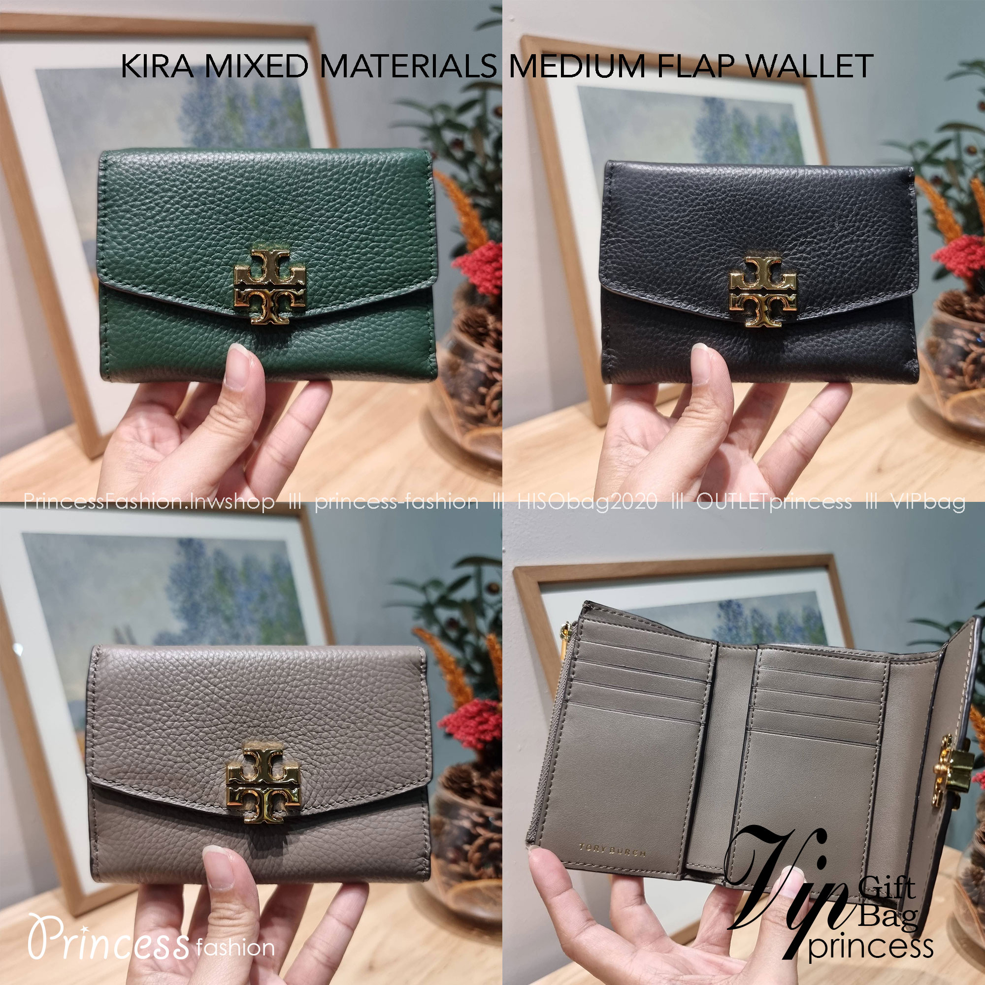 TORY BURCH KIRA MIXED MATERIALS MEDIUM FLAP WALLET กระเป๋าสตางค์ใบกลาง รุ่นยอดนิยม ดูหรูหรา ดูแพง ดีไซน์คลาสสิค ขนาดกำลังพอเหมาะ