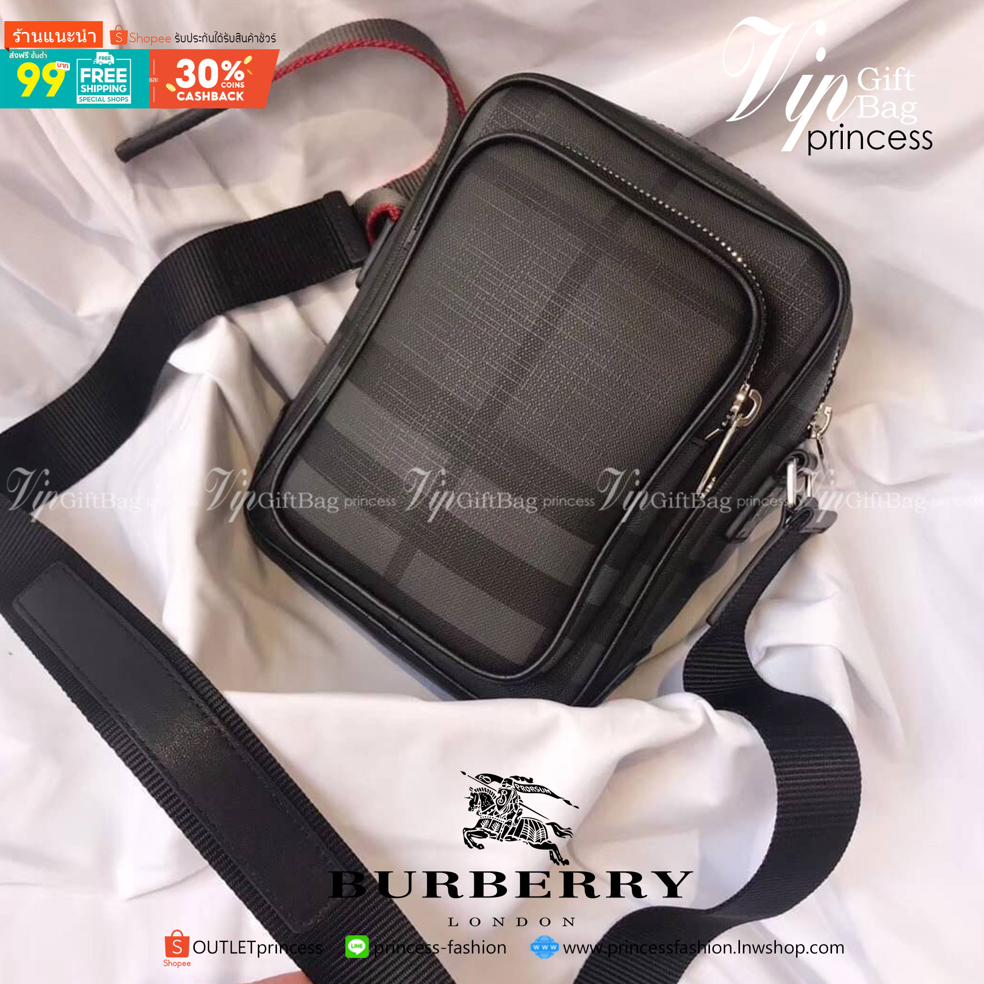 พรีเมี่ยมกิ๊ฟแท้ 100% 】BURBERRY Iconic British Luxury Brand shoulder bag in vintage VIP GIFT WITH PURCHASE (GWP) วัสดุหนังแท้ กระเป๋าสะพายผู้ชายสีดำสุดคลาสสิค