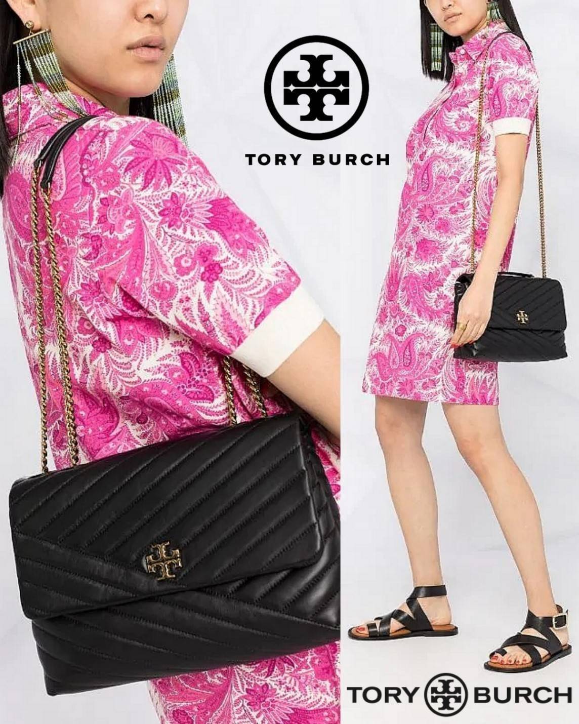 ของแท้ 💯% 】Tory Burch Factory Outlet Quilted Chain Crossbody Sling Bag กระเป๋าสะพายรุ่นแนะนำจาก Tory Burch Factory วัสดุหนังแกะสังเคราะห์ขึ้นลายริ้วหนังนิ่มสวยอยู่ทรง ดีไซน์ยอดนิยม