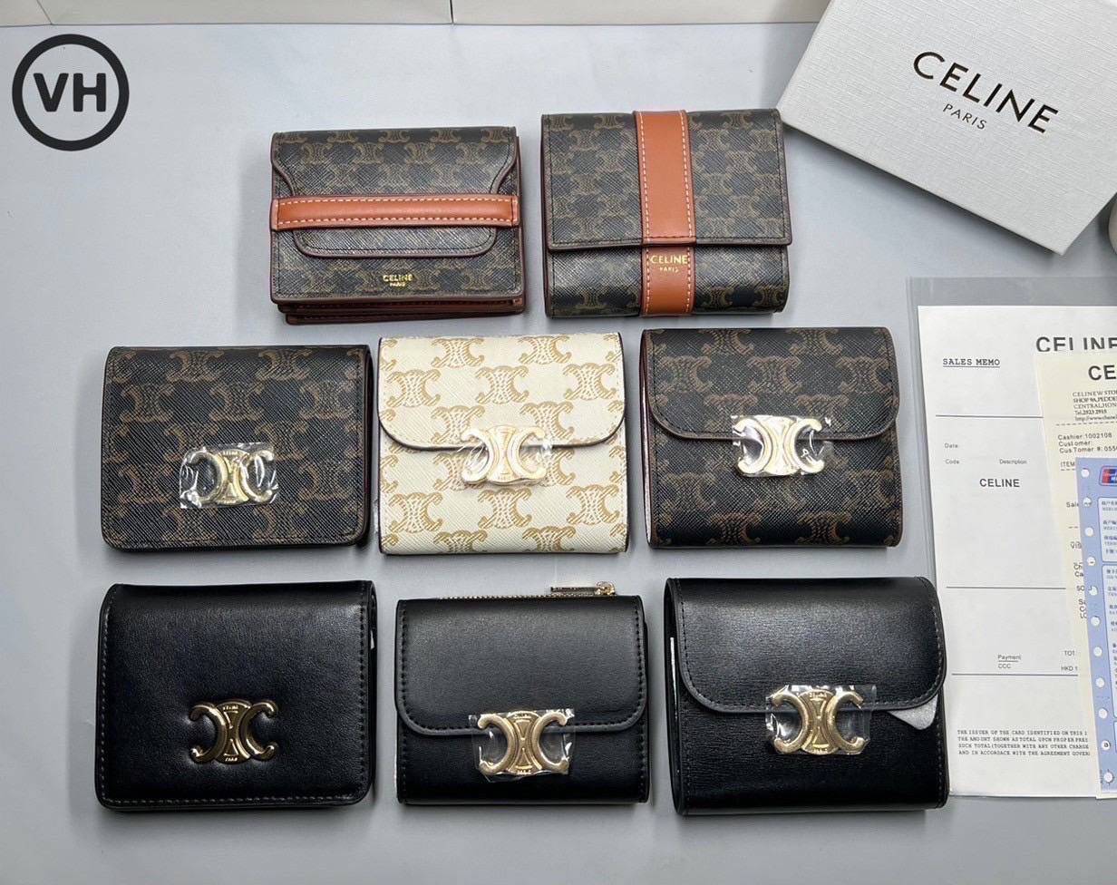 ORI หนังแท้ | CELINE Wallet / Celine Triomphe Compact Wallet กระเป๋าสตางค์ใบสั้น 2 พับ กระเป๋าสตางค์ซีลีน