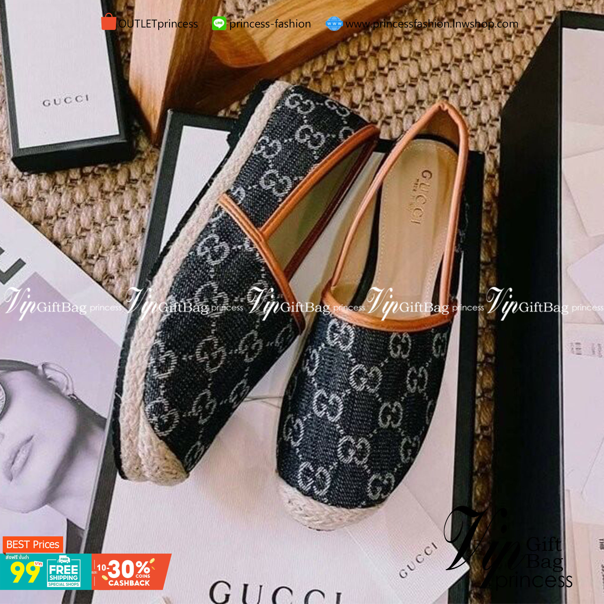 GUCCI คัชชู หน้ากว้าง ใส่สบาย วัสดุยีนส์ลายแบรนด์ นุ่มใส่สบาย แต่งปอฟางรอบ สวยเก๋ แมทส์ชุดง่าย น้ำหนักเบา