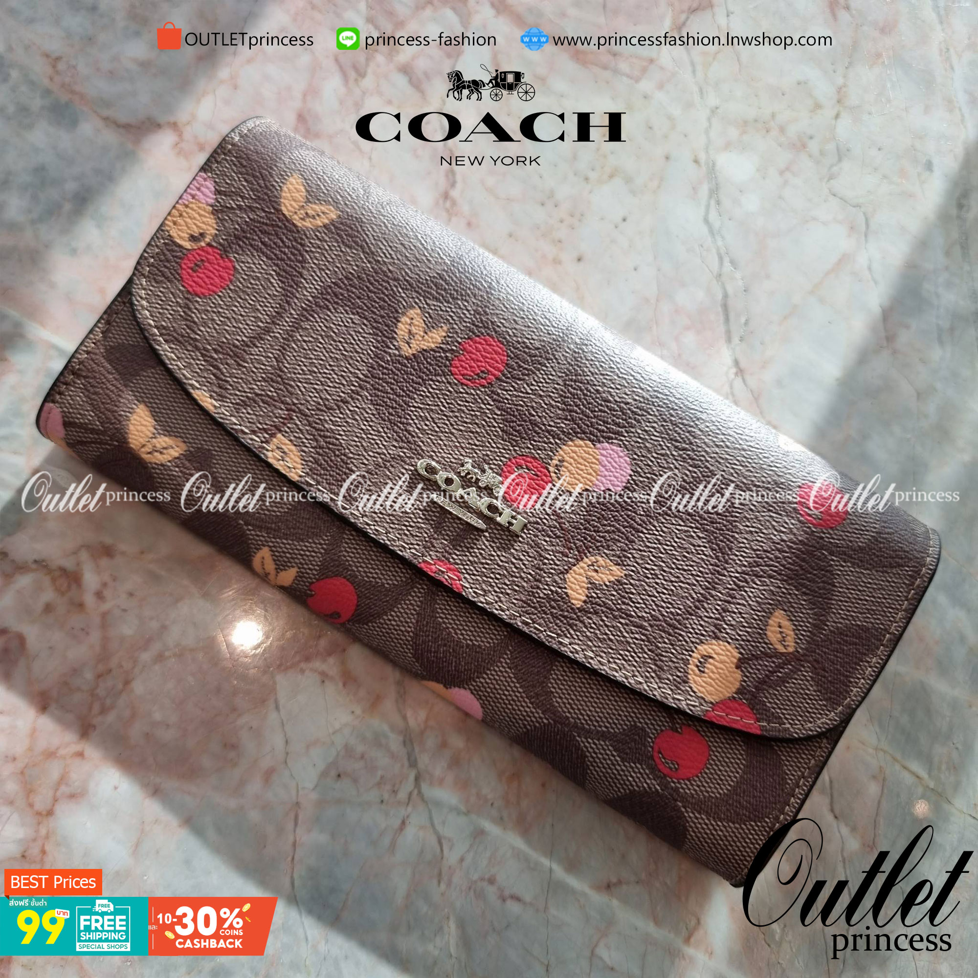 OUTLET 】COACH F31562 SLIM ENVELOPE WALLET IN SIGNATURE CANVAS WITH CHERRY PRINT คอลเลคชั่นใหม่ล่าสุด ต้อนรับนิวเยียร์ไปเลย!! 🍒🎊 กระเป๋าสตางค์รุ่นขายดี ทรงจดหมายรุ่นฝาพับ ดีไซน์ลายเชอร์รี่ น่ารักสดใส วัสดุหนังแคนวาสเคลือบลาย ภายในใส่มือถือไ
