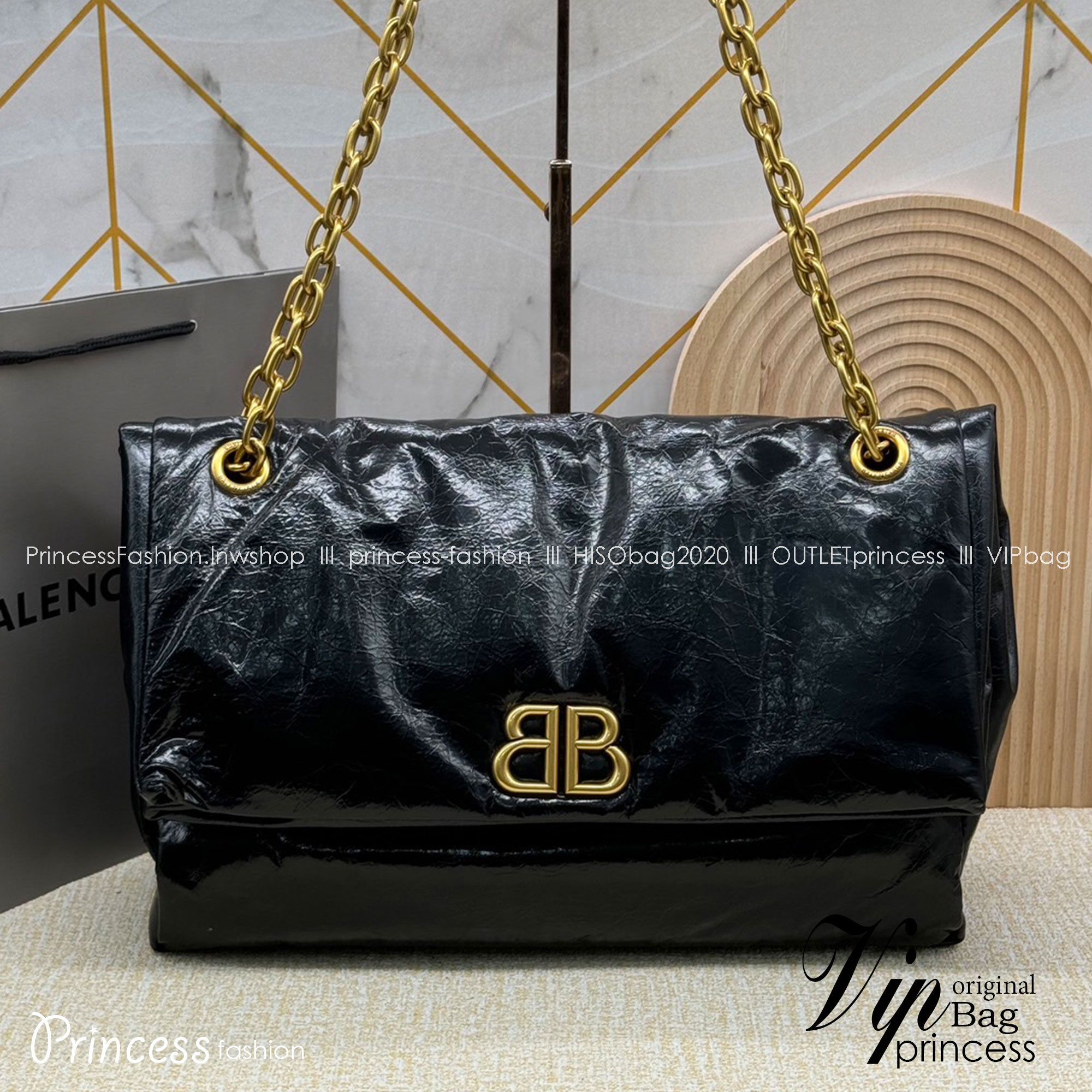 Balenciaga MONACO MEDIUM CHAIN BAG IN BLACK 35cm กระเป๋าทรงโท้ทใบใหญ่ งานหนังยับสวยเต็มใบ เกรดออริ สลับแท้ 1:1 ใช้งานต่างประเทศได้