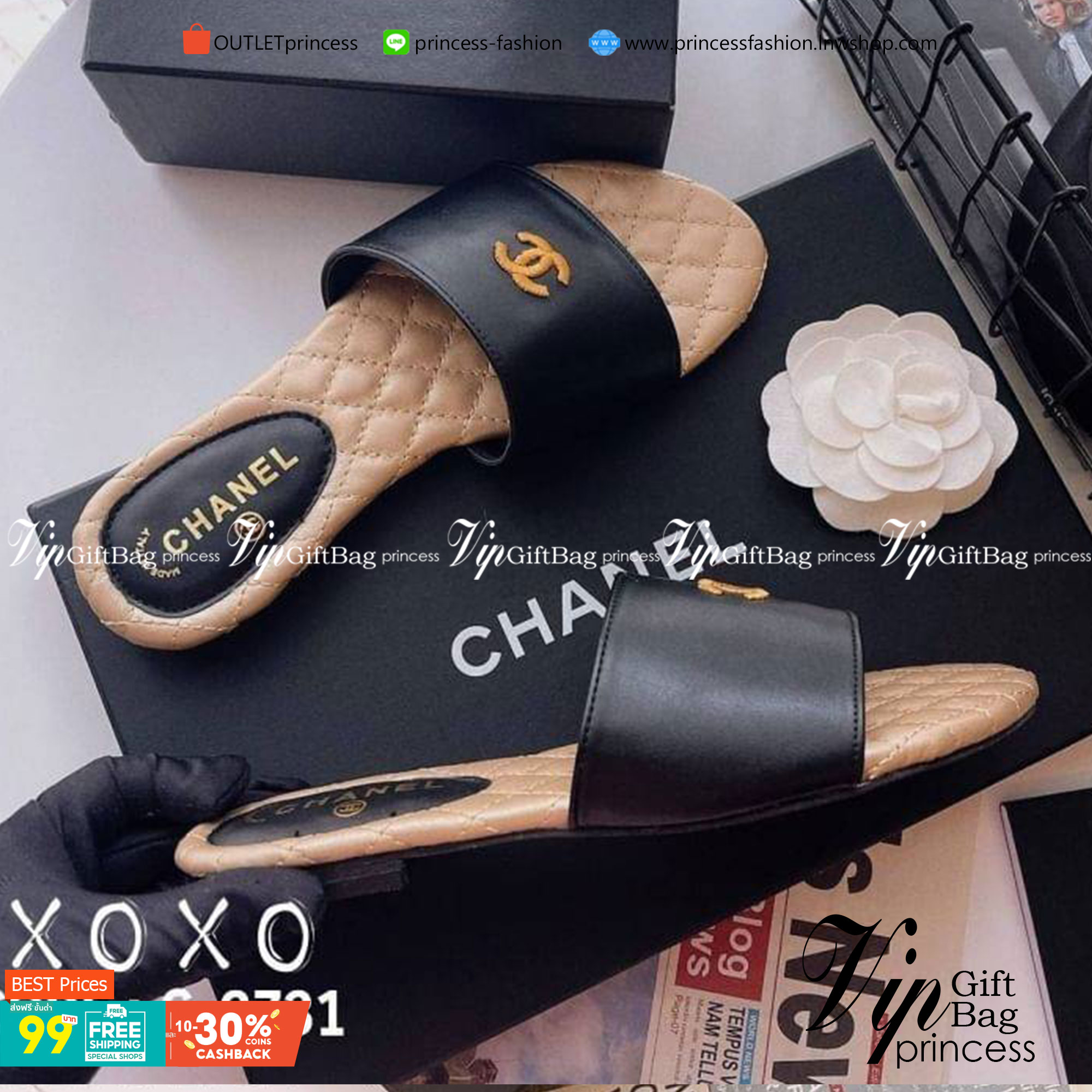 CHANEL SANDALS แตะสวม สวย เรียบ หรู งานชิค แมทส์ชุดง่าย น้ำหนักเบา วัสดุหนัง PU ปักเดินด้ายโลโก้แบรนด์ พื้นงานเย็บตาราง