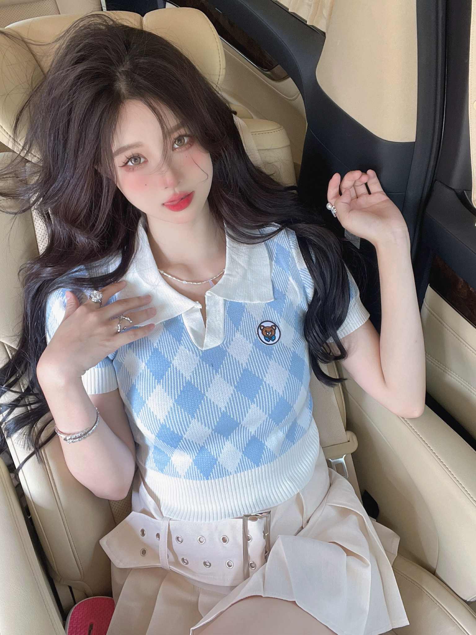 พร้อมส่ง 🍪 Skyday Knit Top เสื้อถักลายสก็อตโทนฟ้าพาสเทล (IN37498)