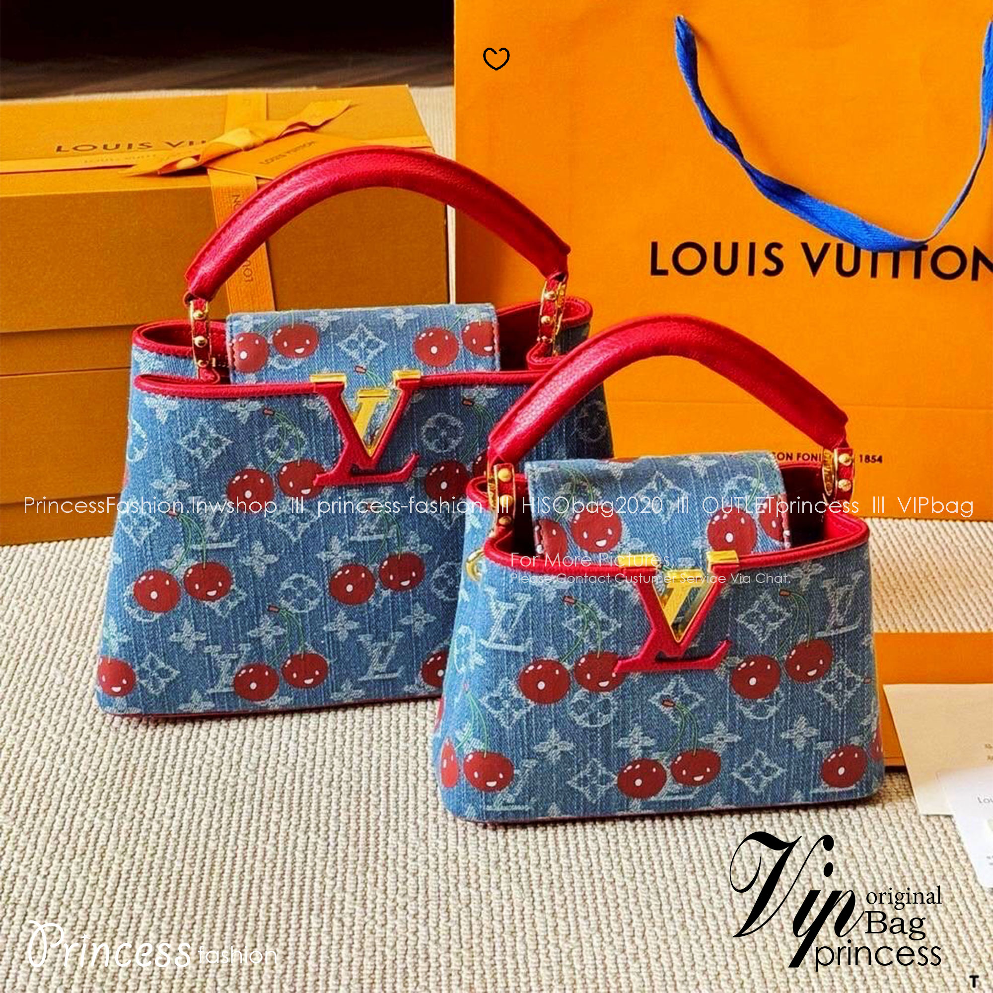 LV Capucines Monogram cherry denim กระเป๋าถือสุดหรูรูปทรงสวยคลาสสิกมาพร้อมหูจับในตัว สวยคมสะกดทุกสายตา ที่สุดของความสวยในราคาเบาๆ โดดเด่นมีชีวิตชีวา ด้วยเดนิมวินเทจปักลายเชอร์รี่สีสันสดใสสะดุดตาสะท้อนสไตล์ไอคอนิก