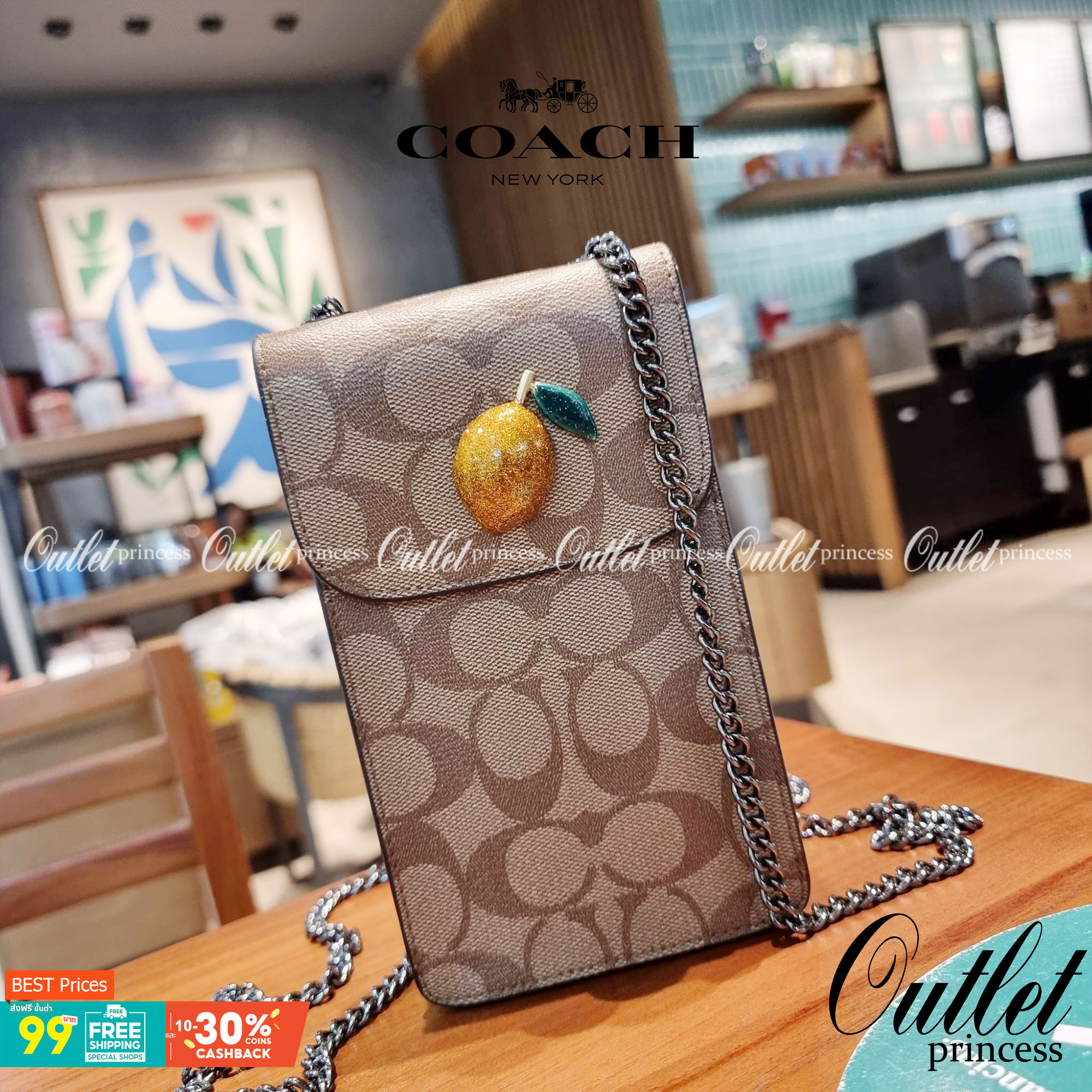 COACH F73486 NORTH/SOUTH PHONE CROSSBODY IN SIGNATURE CANVAS WITH FRUIT 🍒🍓🍋 แจกความสดใสกันอีกครั้ง!! กับกระเป๋าสะพายเอนกประสงค์ Case phone ใส่โทรศัพท์มือถือได้ทุกรุ่น ดีไซน์ลายผลไม้ฉ่ำๆ สวยมีเสน่ห์ 💖 วัสดุหนังแคนวาสคุณภาพ ฝ