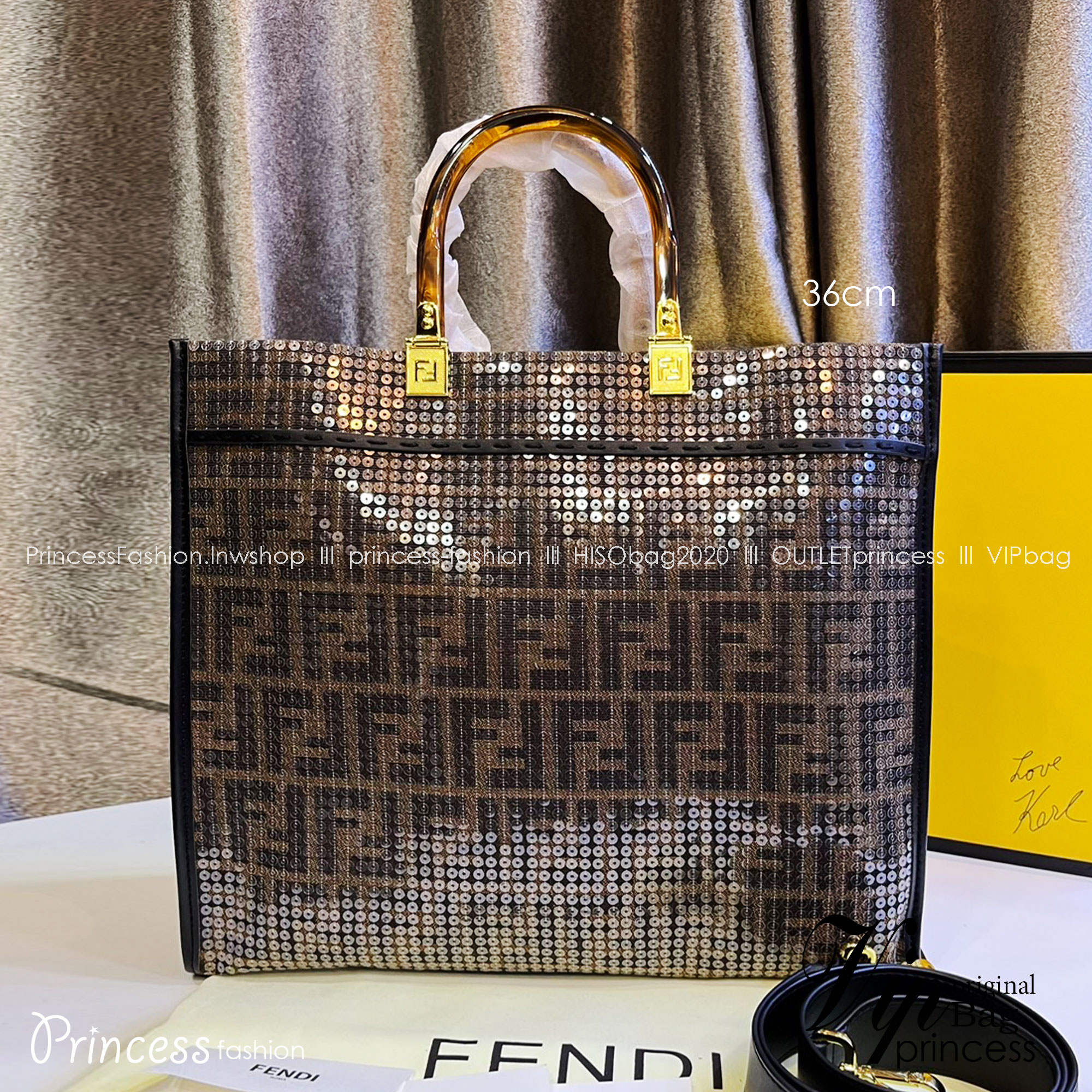 FENDI Sunshine Large jacquard FF sequins shopper / Fendi Tote bag 36cm พร้อมส่ง กระเป๋าสะพายทรงโท้ท ปักเลื่อมแวววาว รุ่นใหม่ สวยหรู **สินค้าเกรดออริจินอล 1:1 สลับแท้