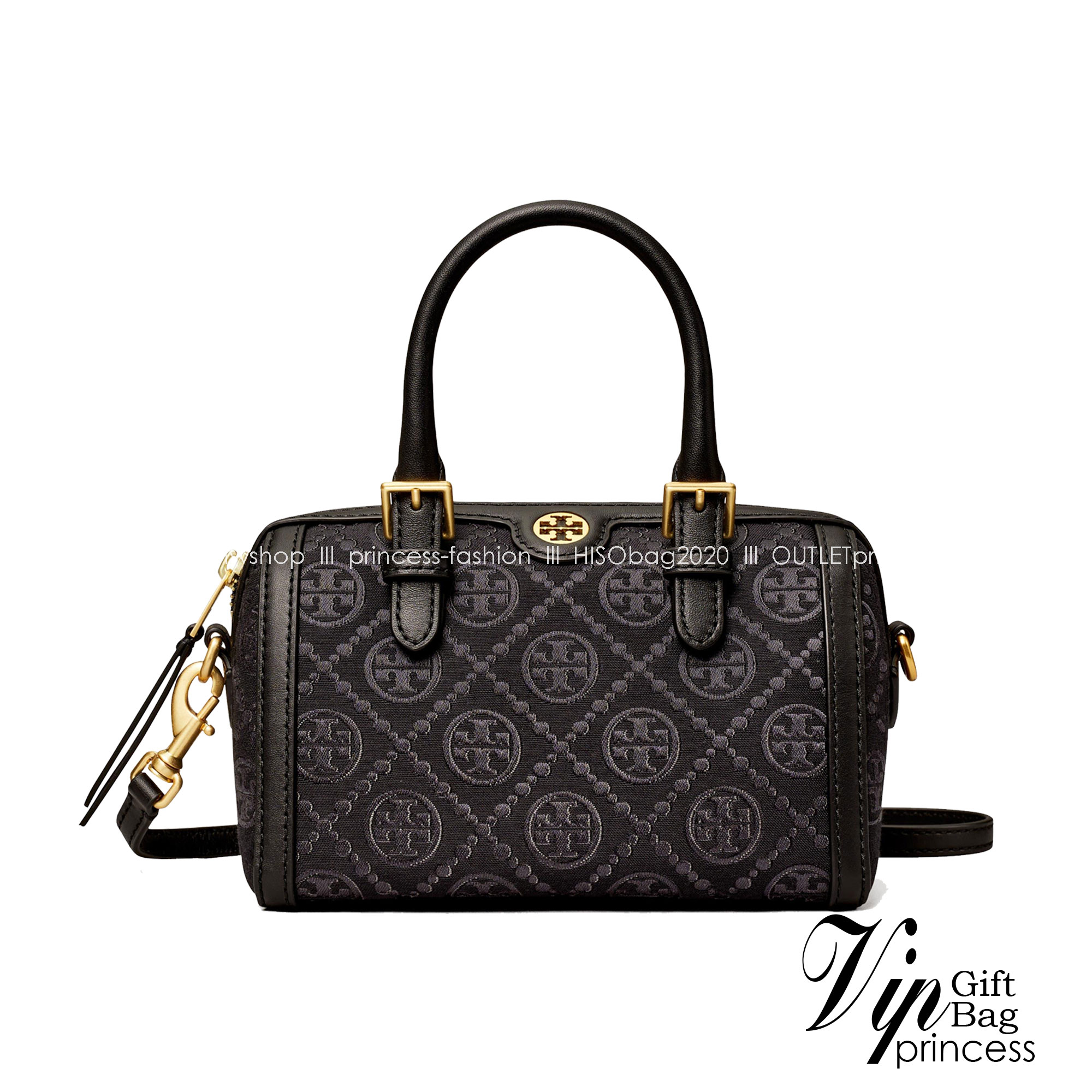 Small TORY BURCH T MONOGRAM PETITE BARREL BAG in black / Tory Bucket Bag สีดำคลาสสิก กระเป๋าทรงขนมจีบ กระเป๋าทรงหมอนดีไซส์มินิน่ารัก