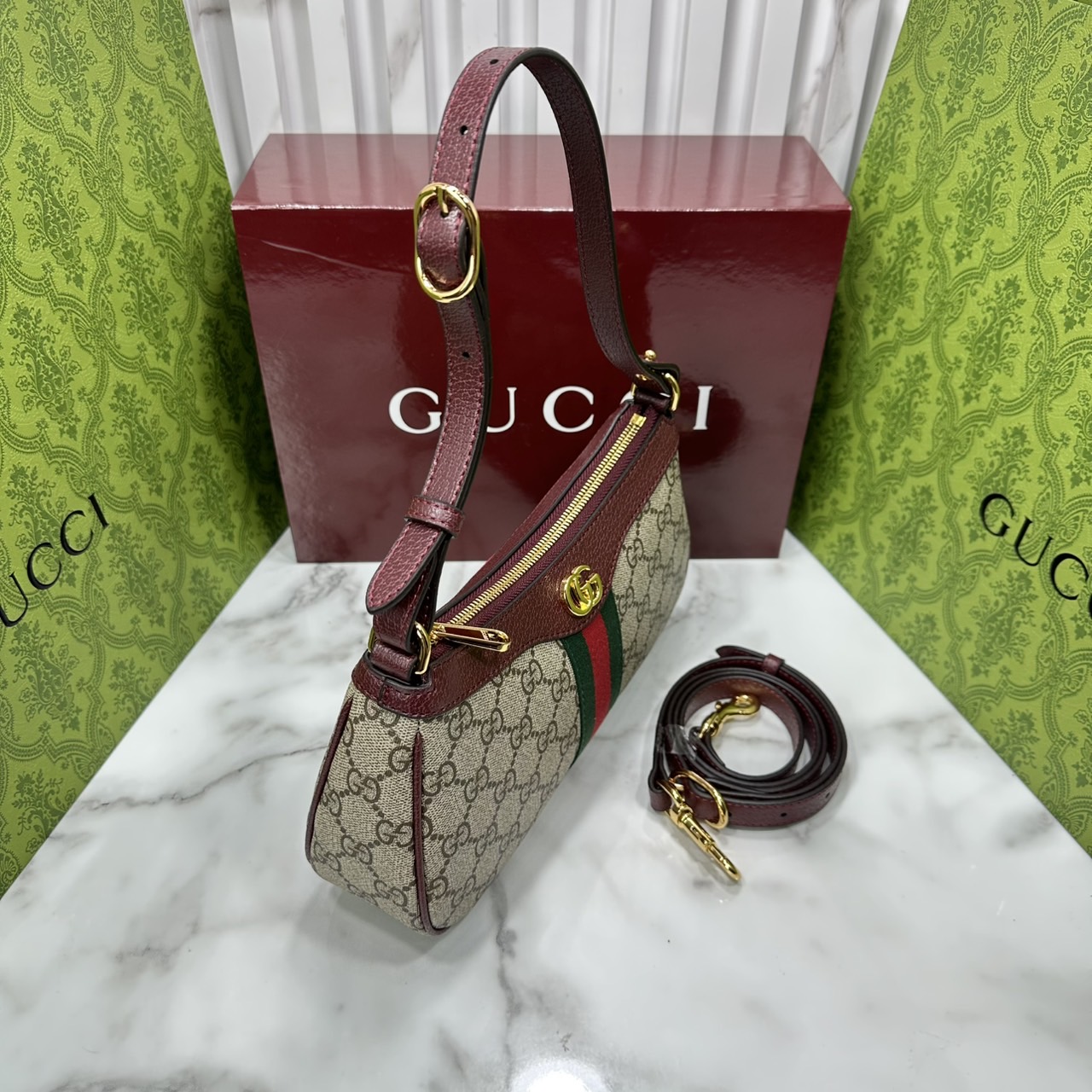 10" ORI หนังแท้ | Gucci Ophidia small shoulder bag GG Monogram Double G / Gucci Hobo Bag กระเป๋าสะพายทรงโฮโบขนาดเล็ก