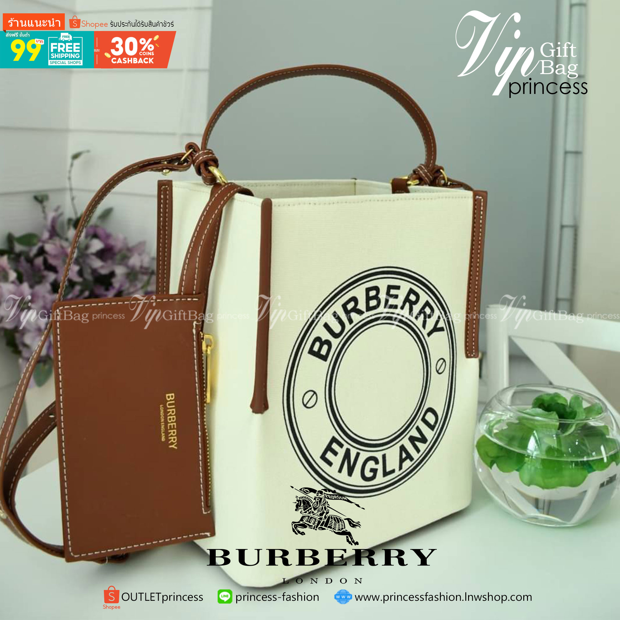 พรีเมี่ยมกิ๊ฟแท้ 100% 】Burberry canvas Bucket Bag Vip Gift with Purchase กระเป๋าถือหรือสะพายข้าง วัสดุ canvas อยู่ทรง ภายในโล่ง จุของได้เยอะ