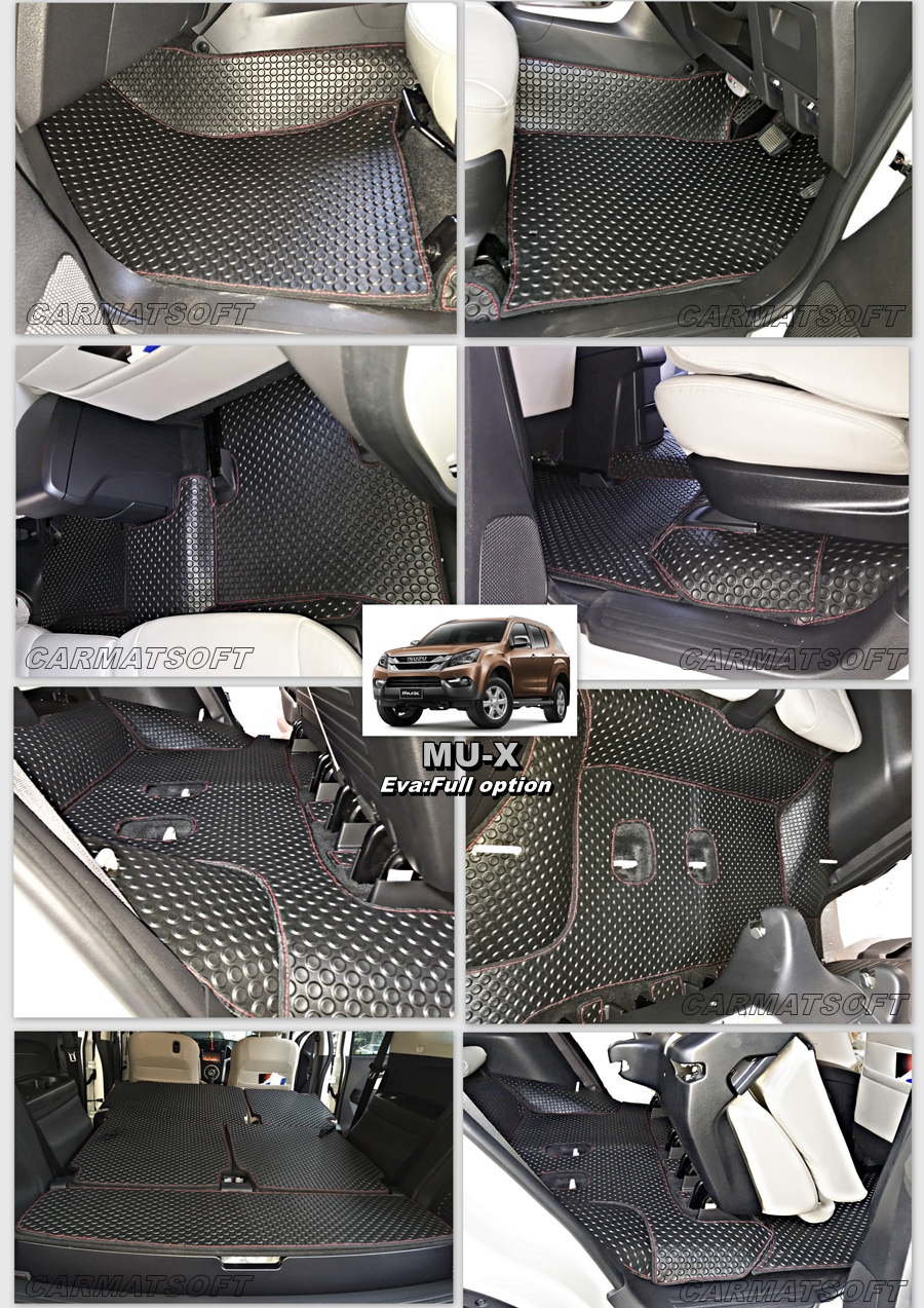 ผ้ายางปูพื้นรถยนต์ ISUZU MU-X 2013-19 ลายกระดุม สีดำด้ายแดง เต็มคัน
