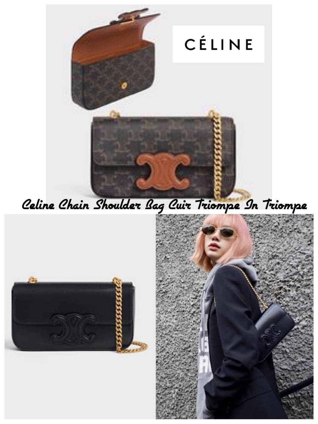 Celine Chain Shoulder Bag Cuir Triompe In Triompe เป็นกระเป๋าถูกประดิษฐ์ขึ้นในรูปทรงมินิมอล นับว่าเป็นกระเป๋าอีกหนึ่งรุ่นในซีรีส์ Triomphe ที่ได้รับความนิยมอย่างมาก โดยเป็นกระเป๋าสะพายไหล่ทรงสี่เหลี่ยมผืนผ้าที่อัดแน่นไปด้วยกลิ่นอายความคลาสสิกตามแบบฉบับของ