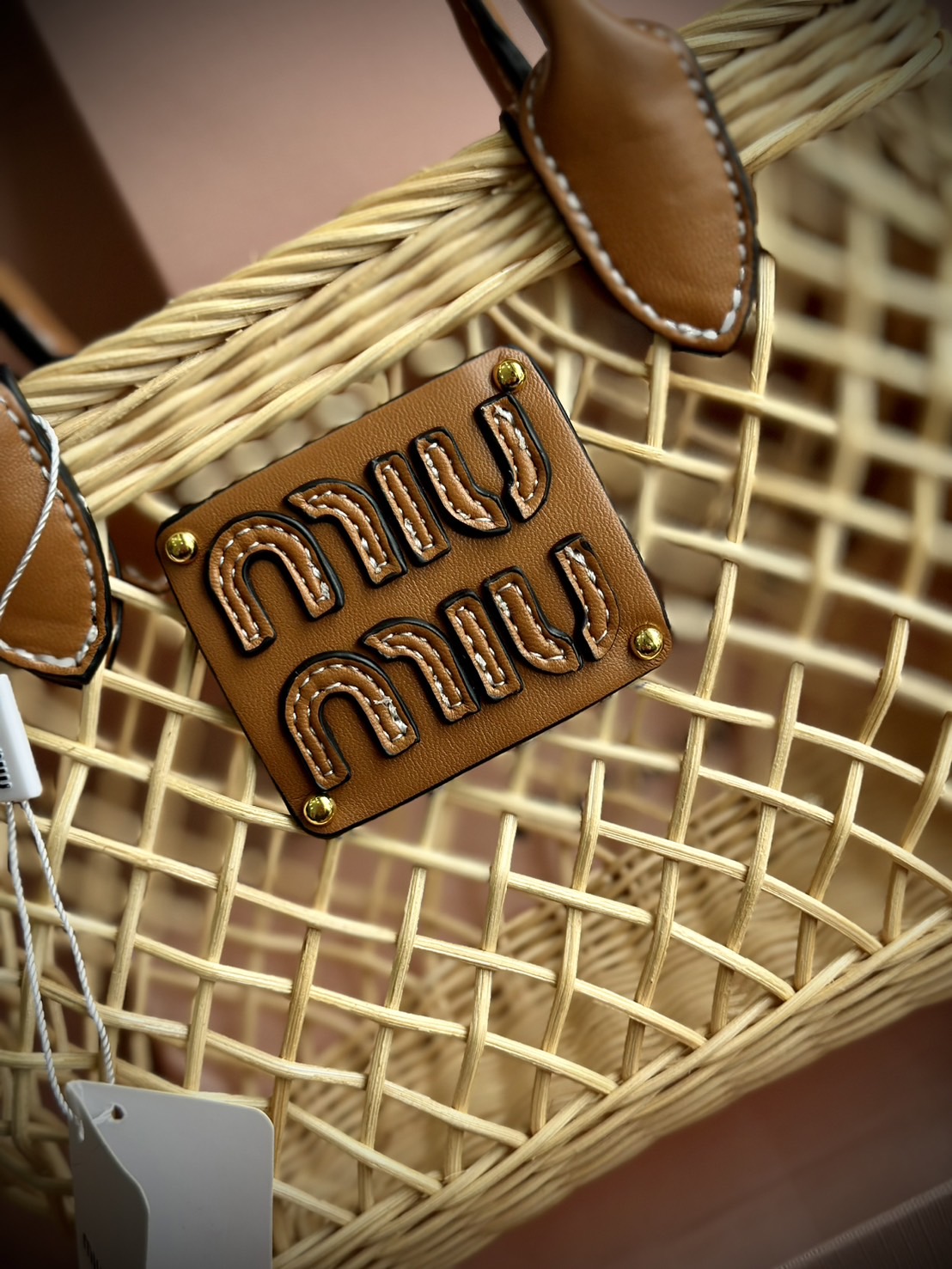 Miu Miu Woven fabric handbag with leather trim กระเป๋าสานดีไซส์ย้อนยุค