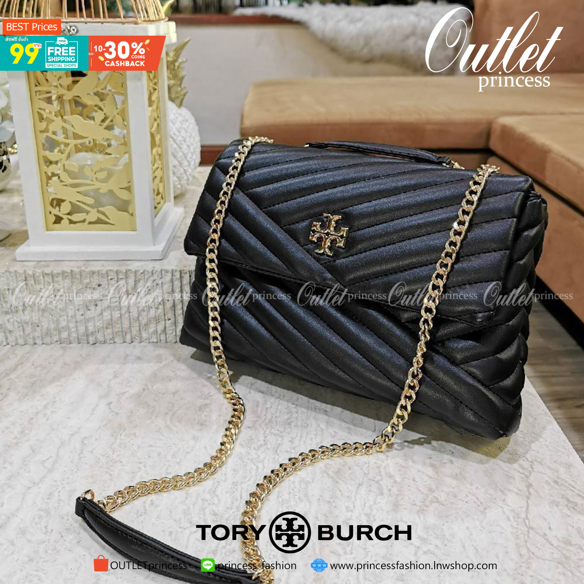 ของแท้ 💯% 】Tory Burch Factory Outlet Quilted Chain Crossbody Sling Bag กระเป๋าสะพายรุ่นแนะนำจาก Tory Burch Factory วัสดุหนังแกะสังเคราะห์ขึ้นลายริ้วหนังนิ่มสวยอยู่ทรง ดีไซน์ยอดนิยม