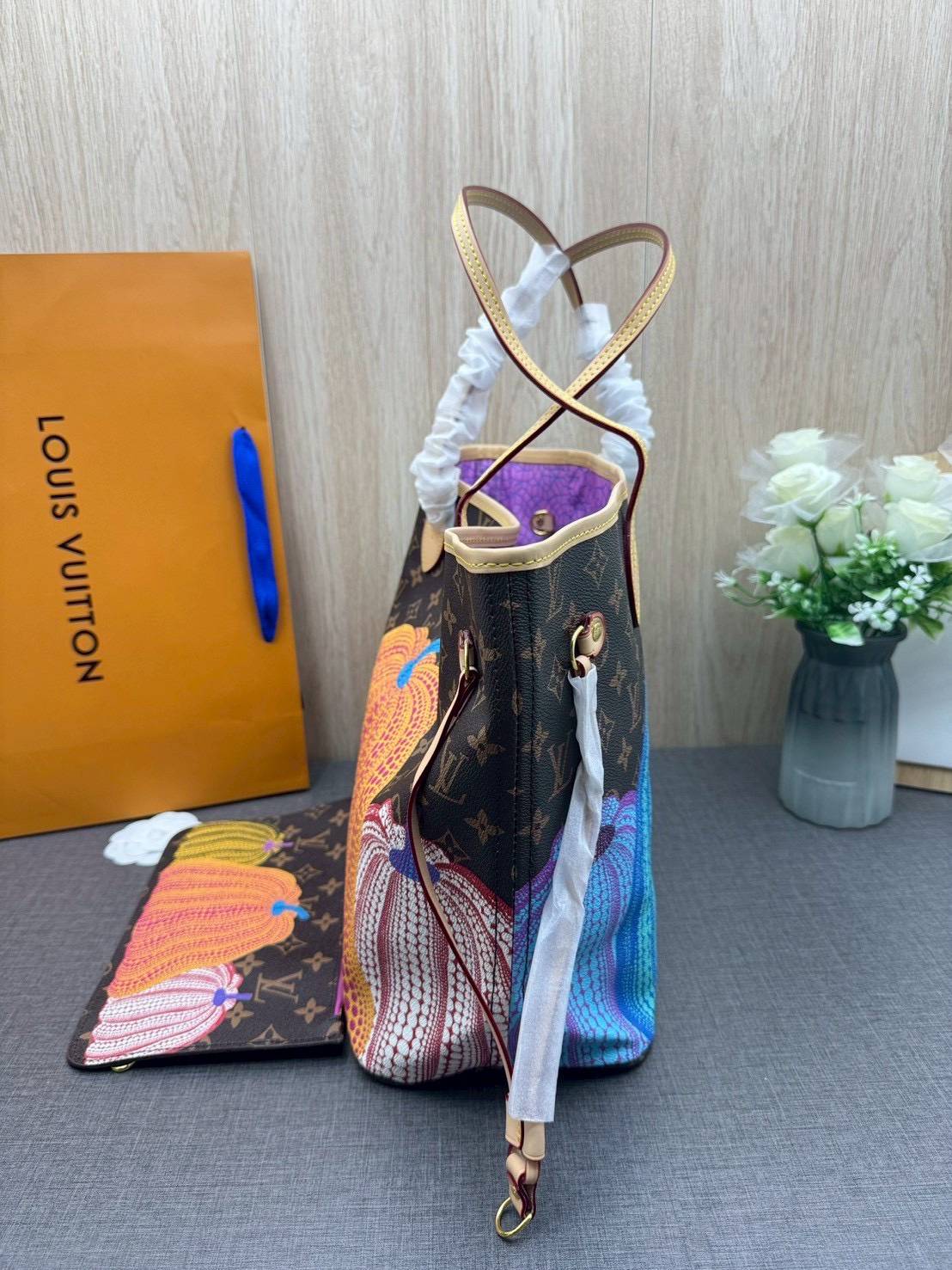 ORI หนังแท้ | LV x YK Neverfull MM Bag Monogram Pumpkin / LV Tote Bag กระเป๋าสะพายทรงโท้ทใบใหญ่ ลายฟักทองหลากสีสดใส