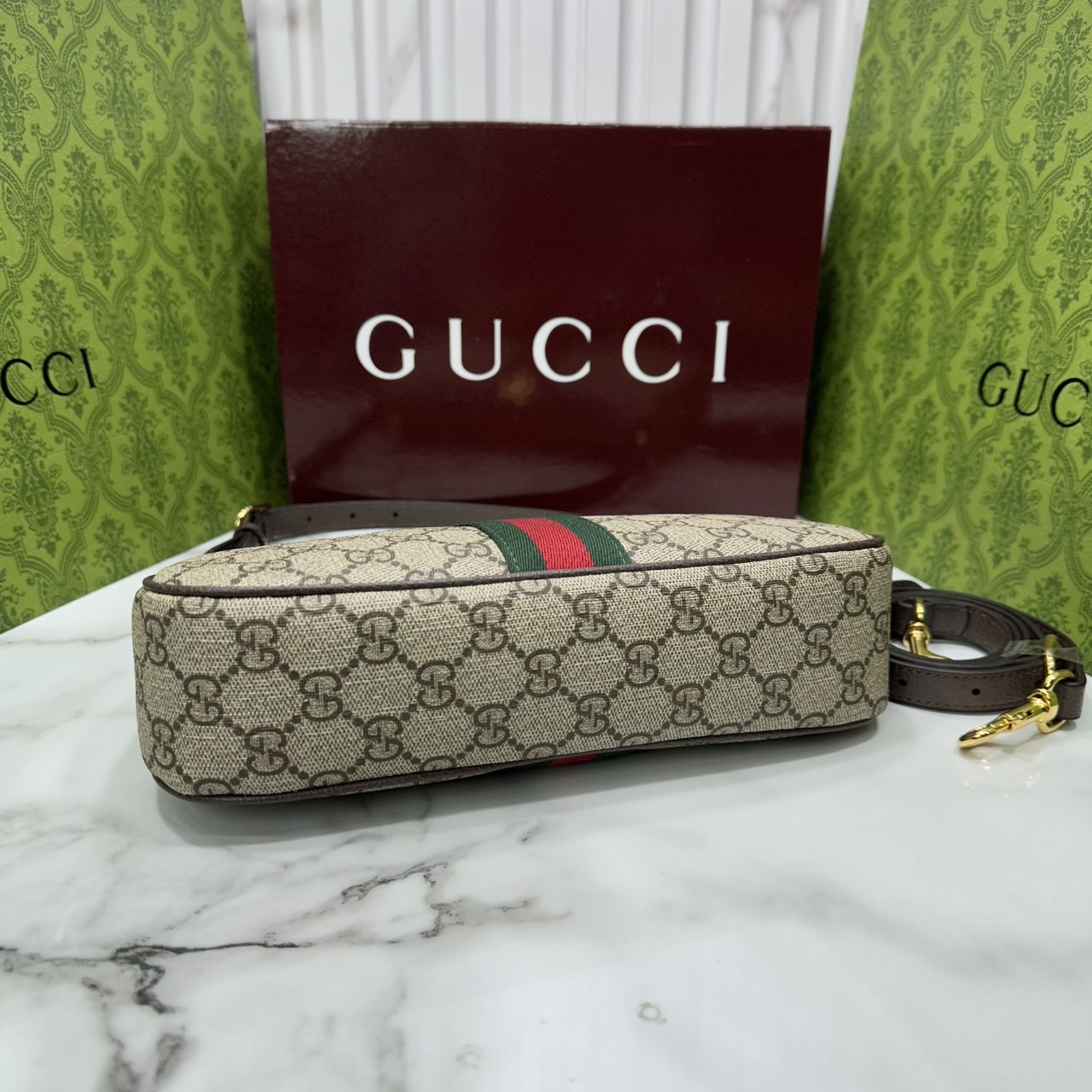 10" ORI หนังแท้ | Gucci Ophidia small shoulder bag GG Monogram Double G / Gucci Hobo Bag กระเป๋าสะพายทรงโฮโบขนาดเล็ก
