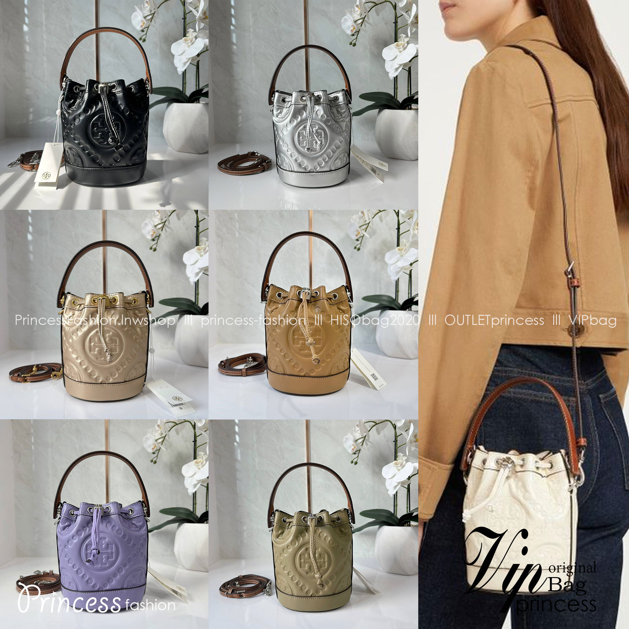 6 สี Tory Burch Puffy Mini / Tory burch T Monogram Puffy Patent Mini Bucket Bag / Tory Bucket Bag กระเป๋าบัคเกต size เล็ก โดดเด่นด้วยโลโก้ตัวนูนปั๊มด้านหน้า