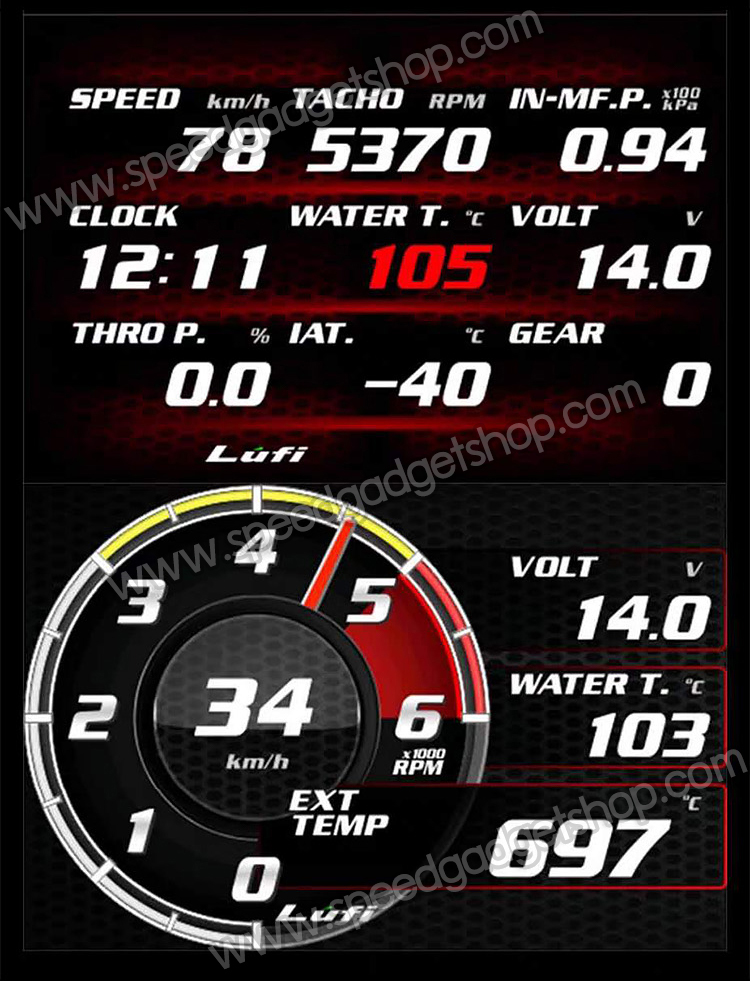 เกจวัด Lufi XF Revolution OBD2 Smart gauge Display Meter ฟรีชิพไลท์ วัดความร้อน วัดความเร็ว วัดรอบ วัดแบต มีเสียงเตือน เฟิร์มเเวร์ใหม่ อ่านค่าเยอะ อ่านค่าไว (อัพเดท Firmware ใหม่ล่าสุด)