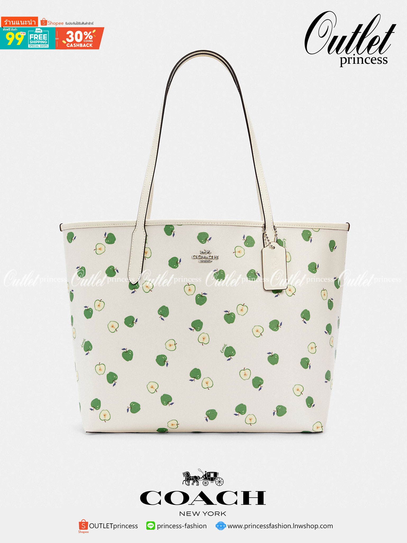 COACH C4119 CITY TOTE WITH APPLE PRINT แจกความน่ารักสดใส ด้วยเหล่าแอปเปิ้ลเขียวที่ยกมาทั้งสวน!! ดีไซน์ดึงดูดความสนใจได้ดีเลยทีเดียว กระเป๋าทรงช็อปปิ้งใบใหญ่ ที่จุยิ่งกว่าจุ!! ใส่เสื้อผ้าไปต่างจังหวัดยังได้ เพราะภายในโล่งกว้างมาก วัสดุหนังแคนวาสเคลือบลาย ท