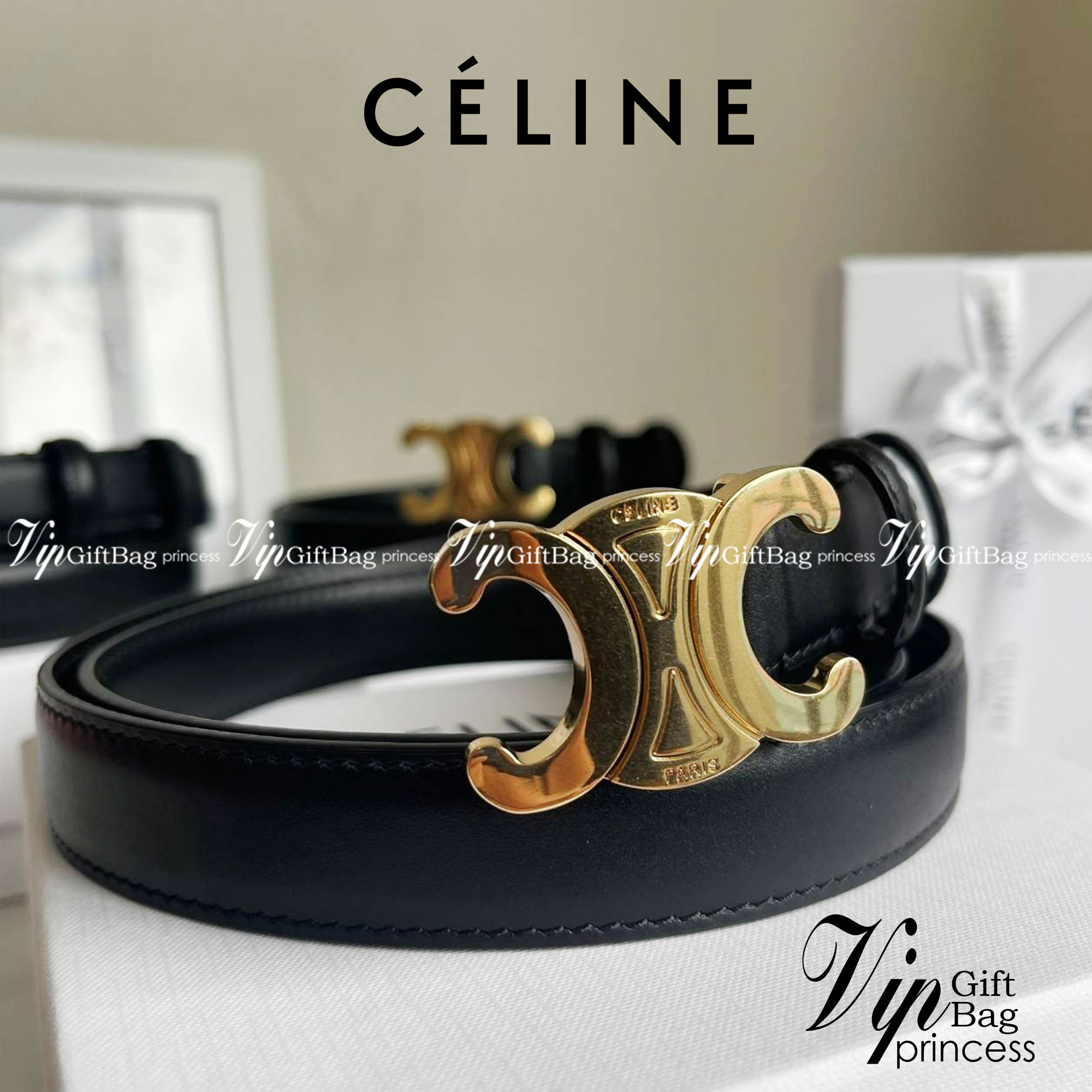 หนังแท้ CELINE BELT LOGO 25MM / Celine Vintage Logo Leather Belt ออริจินอลเกรด 1:1 หนังแท้ หัวเข็มขัดโลโก้แบรนด์แบบ 3D Vintage สีทอง ปั้มโลโก้คมชัดคล้ายของจริง สายปรับระดับได้ในดีไซน์เรียบหรูเข้ากับทุกลุ๊คใช้ได้ทั้งชายหญิง สินค้ามาพร้อม Original Package ม