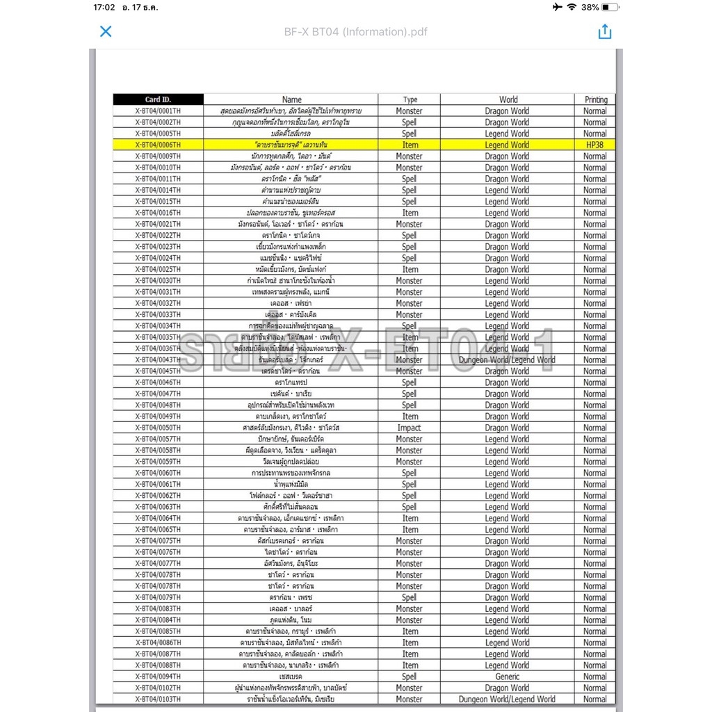 บัดดี้ไฟท์ BFT-X-BT04 /ยกกล่อง/แยกใบ/แยกเวิลด์