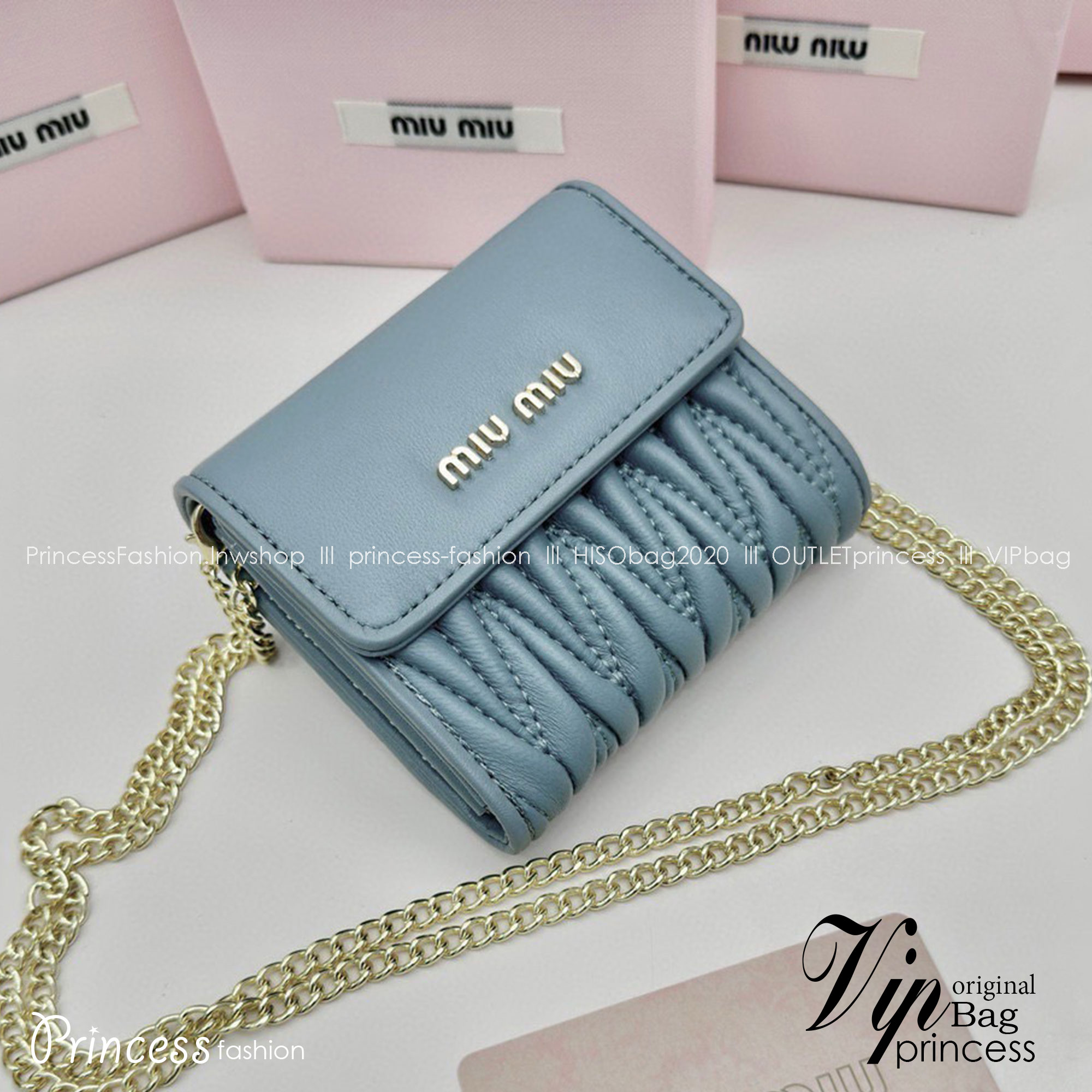 Miu Miu Quilted Wallet On Chain / MIU MIU Wallet Nappa Matelassé Leather กระเป๋าสตางค์หนังแนปป้า พร้อมสายสะพายอะไหล่ทอง