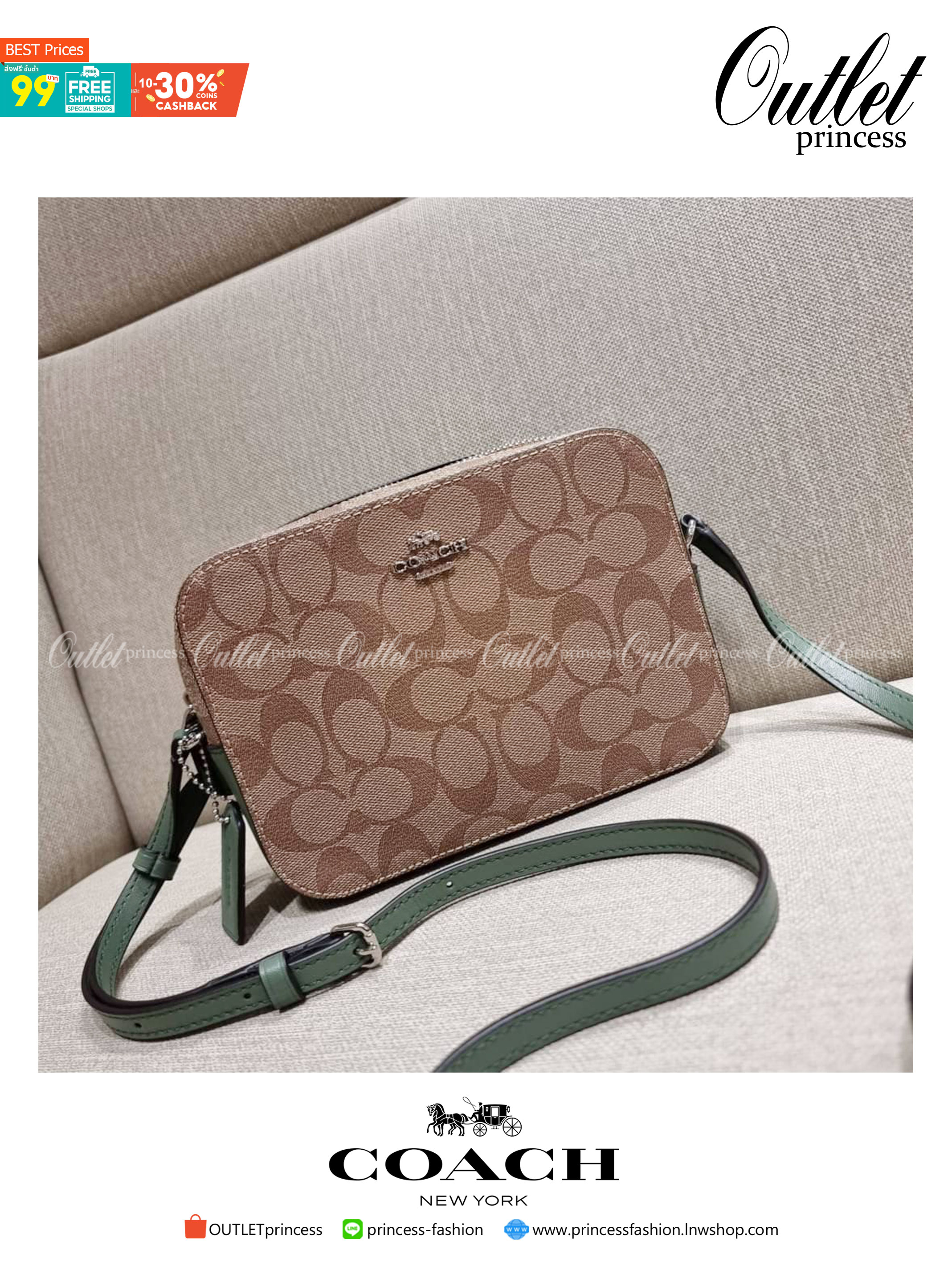 COACH 91677 MINI CAMERA BAG IN SIGNATURE CANVAS สีมาใหม่ รุ่นขายดีที่สุด!! กระเป๋าสะพายข้างไซส์มินิ คลาสสิคอยู่ทรง อะไหลเงินเรียบหรู วัสดุหนังแคนวาสเคลือบลาย เปิด-ปิดด้วยซิป สายสะพายปรับได้ตามตัว ใบนี้แมทช์ได้ทุกลุค ใช้เป็น everyday bag ได้สบายๆเลยจ้า &#x