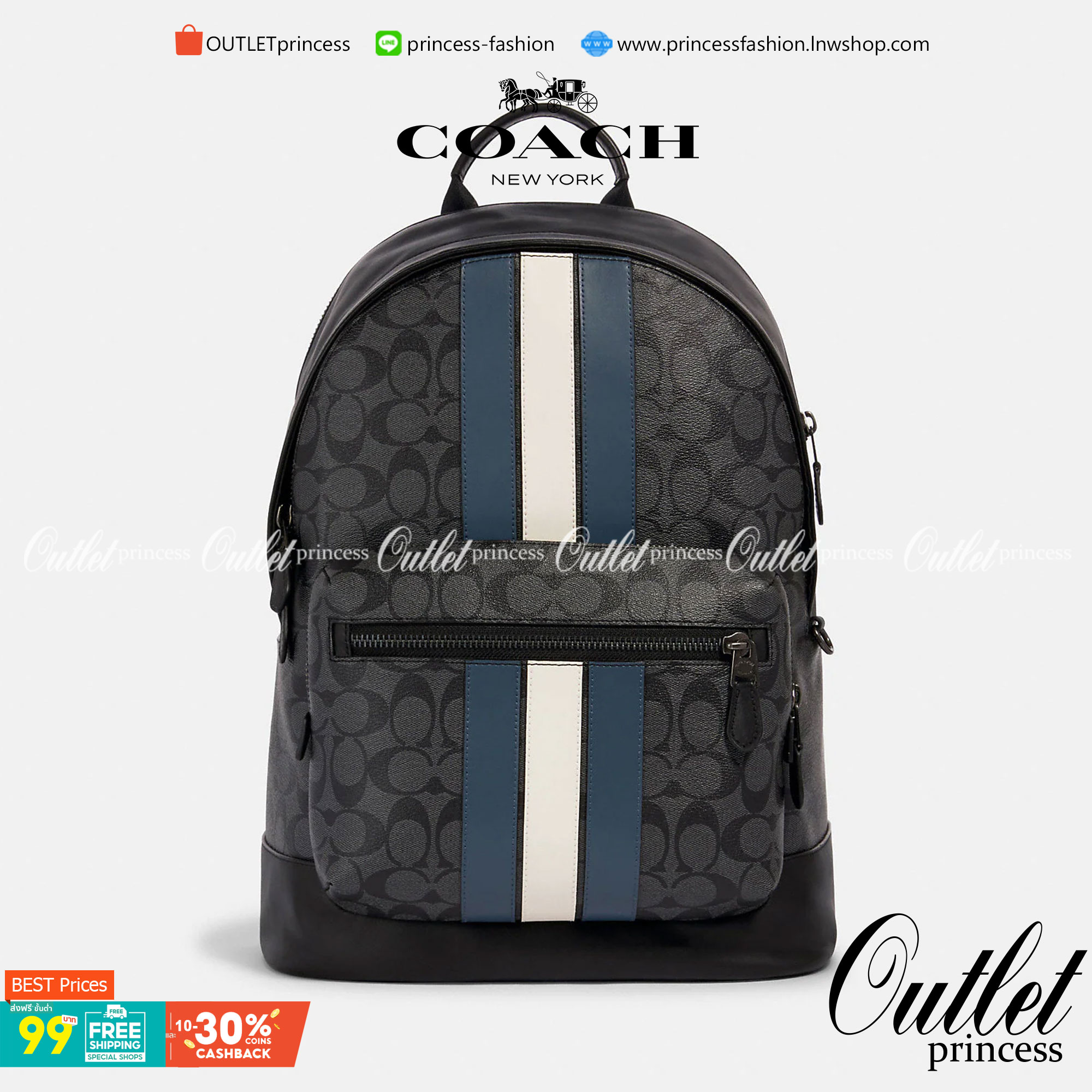 COACH WEST BACKPACK IN SIGNATURE CANVAS WITH VARSITY STRIPE (COACH 3001)😎กระเป๋าเป้ กระเป๋าสะพาย รุ่นหายาก ที่มีมาไม่บ่อย// วัสดุแคนวาส ผสมหนังแท้ หนังนิ่ม ทรงสวย จุของได้เยอะ ลาย SIGNATURE โดดเด่น ดูดีม๊าก!!// มีช่องหลัก แยกเป็น 2 ช่อง สามารถแยกเ
