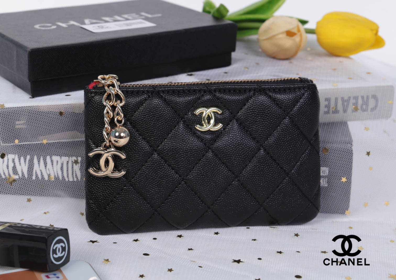 CHANEL Wallet Coin Pouch New / chanel o case black caviar สวยหรู ดูแพง น่าใช้มากค่ะ พร้อมสายโซ่สำหรับห้อยพวงกุญเเจ อะไหล่ทองทั้งใบ