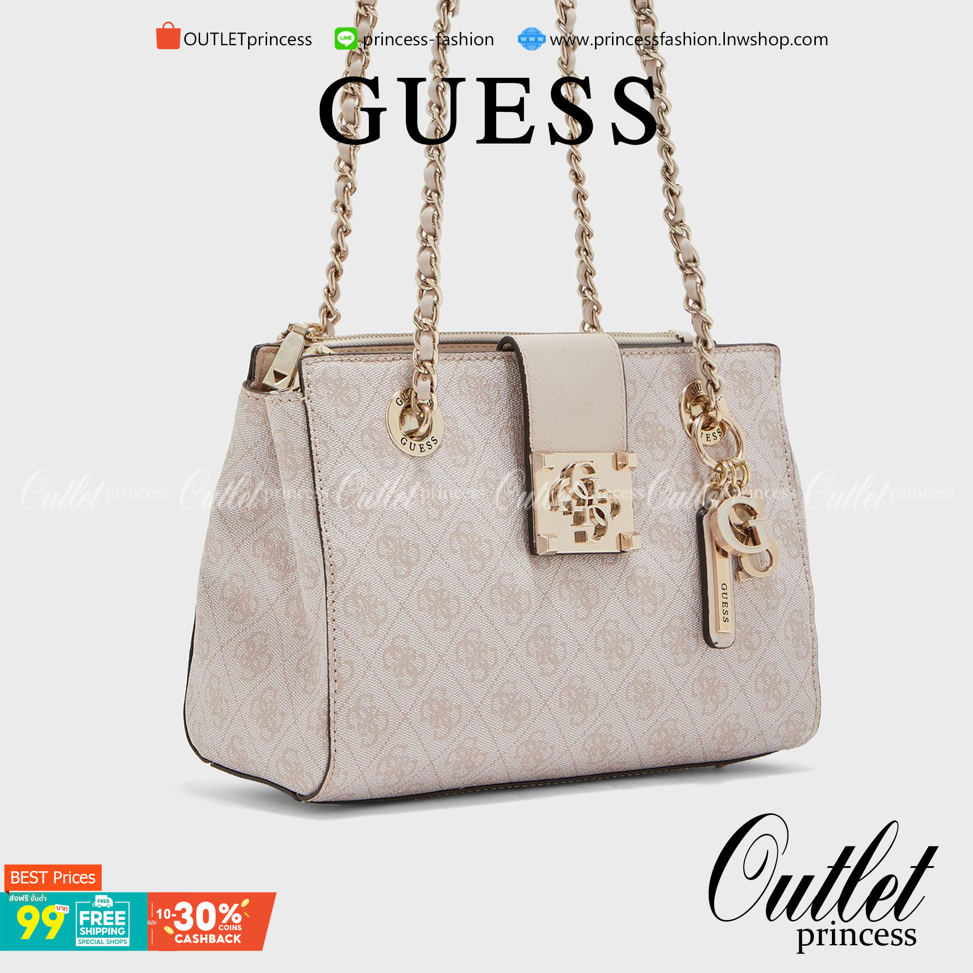 กระเป๋าสะพายไหล่ Guess Logo City Small Society Satchel กระเป๋าสะพายไหล่ ขนาดกำลังดี วัสดุ pu สวยอยู่ทรง มาพร้อมพวงกุญแจน่ารักๆ ถอดออกได้ ด้านหน้าประดับโลโก้แบรนด์ เปิดปิดด้วยซิป มี 2 ช่องหลักใช้งาน ภายในช่องซิปหน้าแยกเป็นสัดส่วนการใช้งาน ซิปช่อง 2 โล่งกว้