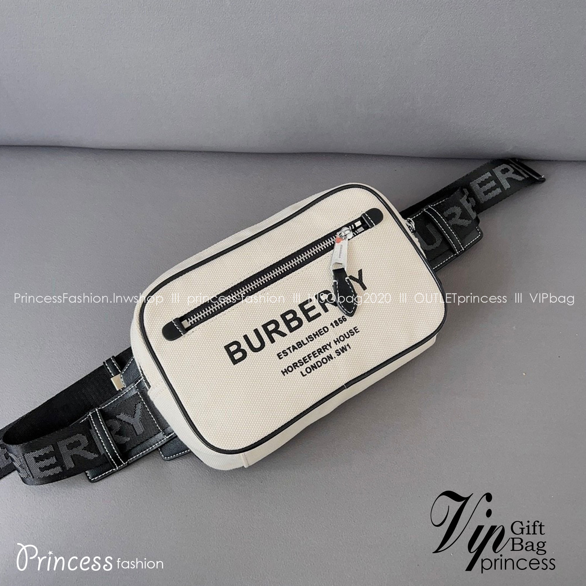 Burberry Canvas 'Horseferry' Bum Bag / BURBERRY CANVAS BELT BAG กระเป๋าทรงคาดอก คาดเอว อีกคอลเลคชั่นที่สามารถใช้ได้แบบ UNISEX วัสดุผ้าแคนวาสธรรมชาติ สกรีนโลโก้สีดำรอบใบ