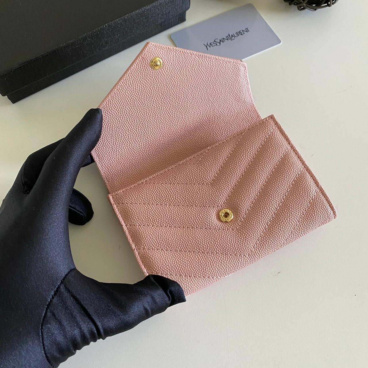 หนังแท้ 12cm YSL SAINT LAURENT GARD HOLDER Small Envelope Monogram Wallet
